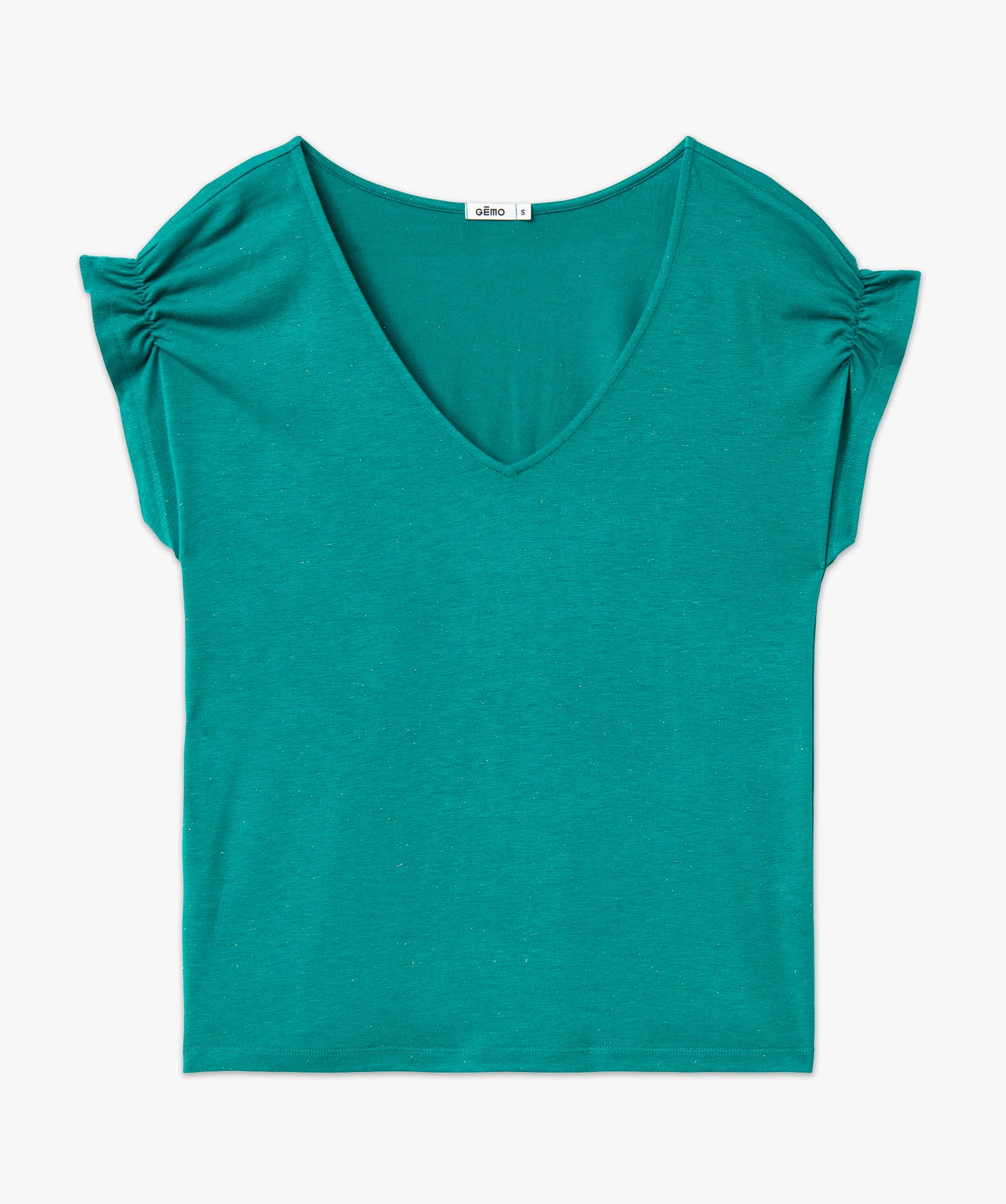 Tee-shirt femme à manches courtes froncées et col V bleu | GEMO