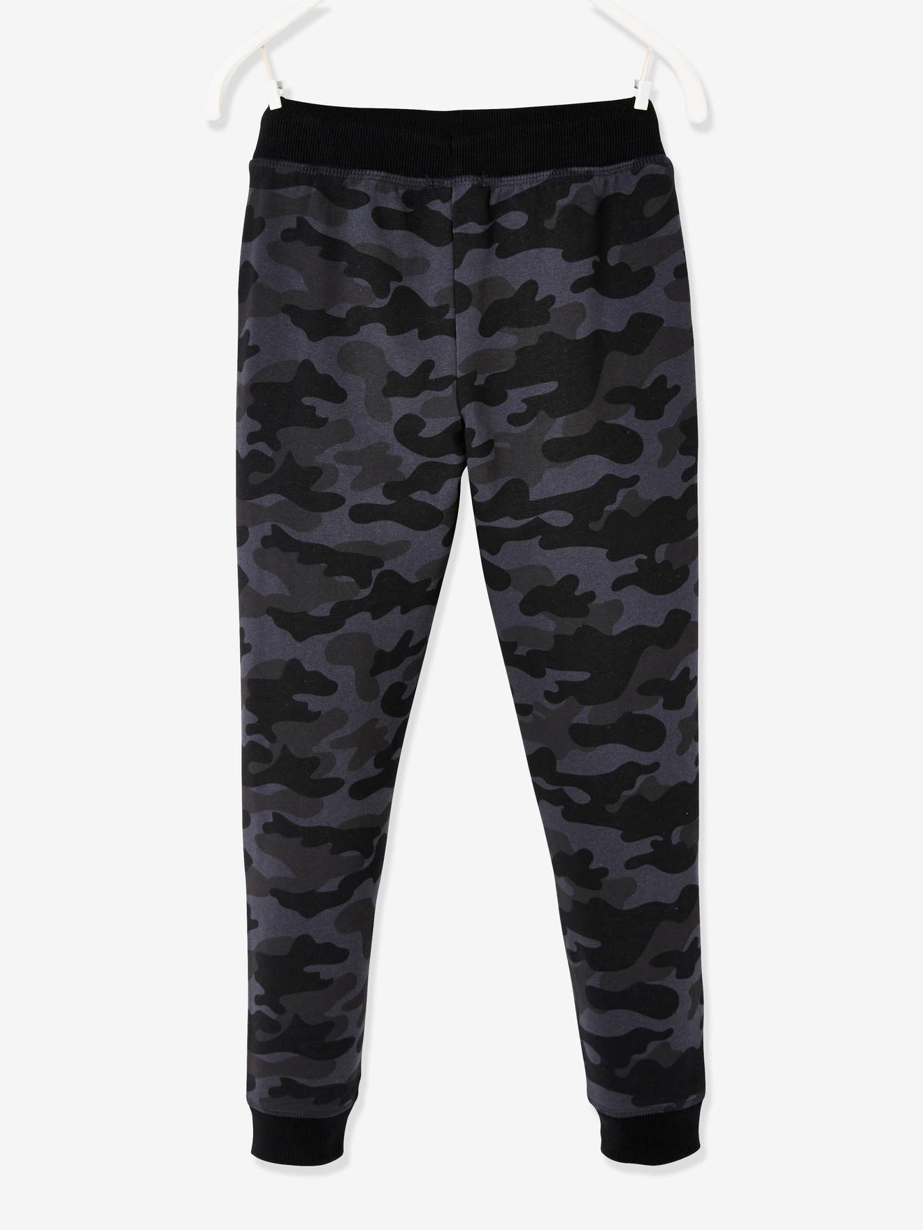 Pantalon de sport garçon en molleton motif camouflage noir imprimé