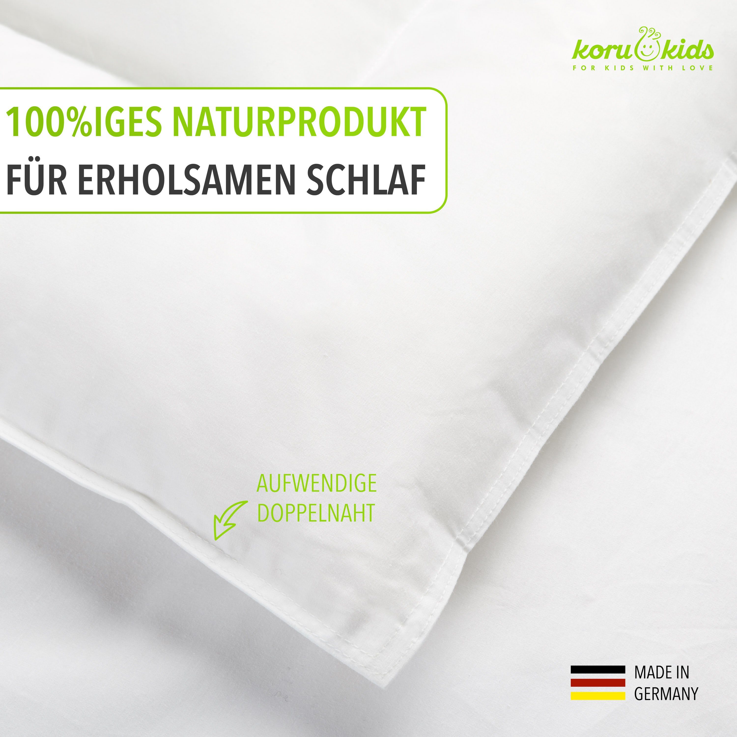 Federkopfkissen Kopfkissen Kinder 40x60, Koru Kids, Füllung: 100% kanadische Daunen, Bezug: 100% Baumwolle, feuchtigkeitsregulierend, waschbar bis 60°, trocknergeeignet