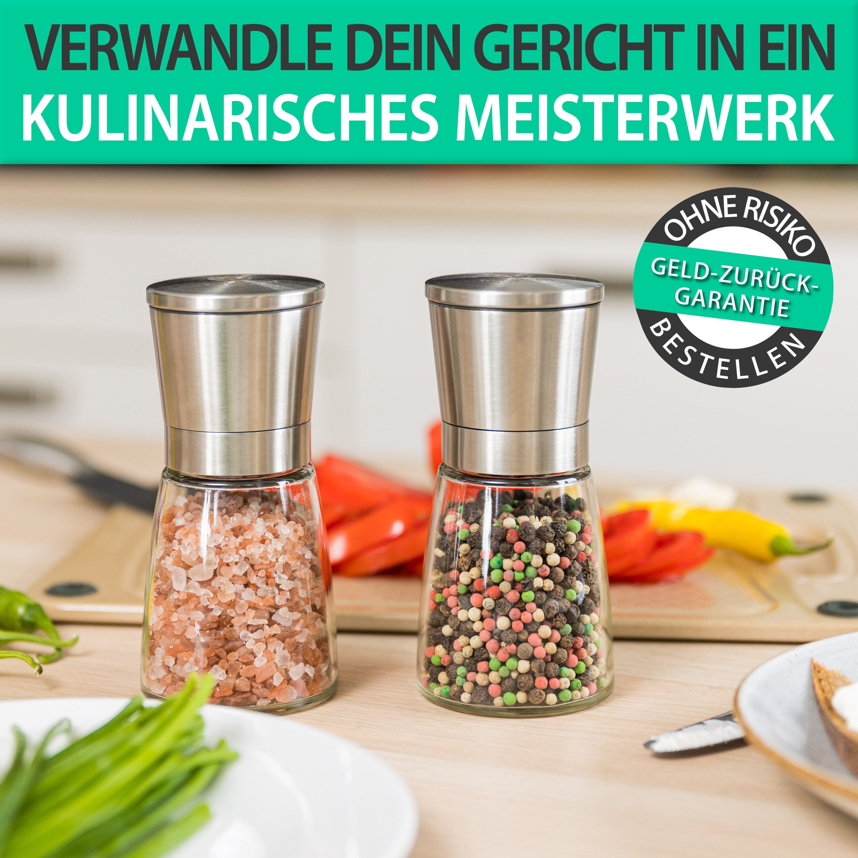 freegreen® Gewürzmühle PREMIUM Salz und Pfeffermühle 14cm 2er Set + Clean Eating Kochbuch Manuell für ein einzigartig gleichmäßiges Mahlergebnis!, mit verstellbarem Keramik-Mahlwerk und Geschenkverpackung