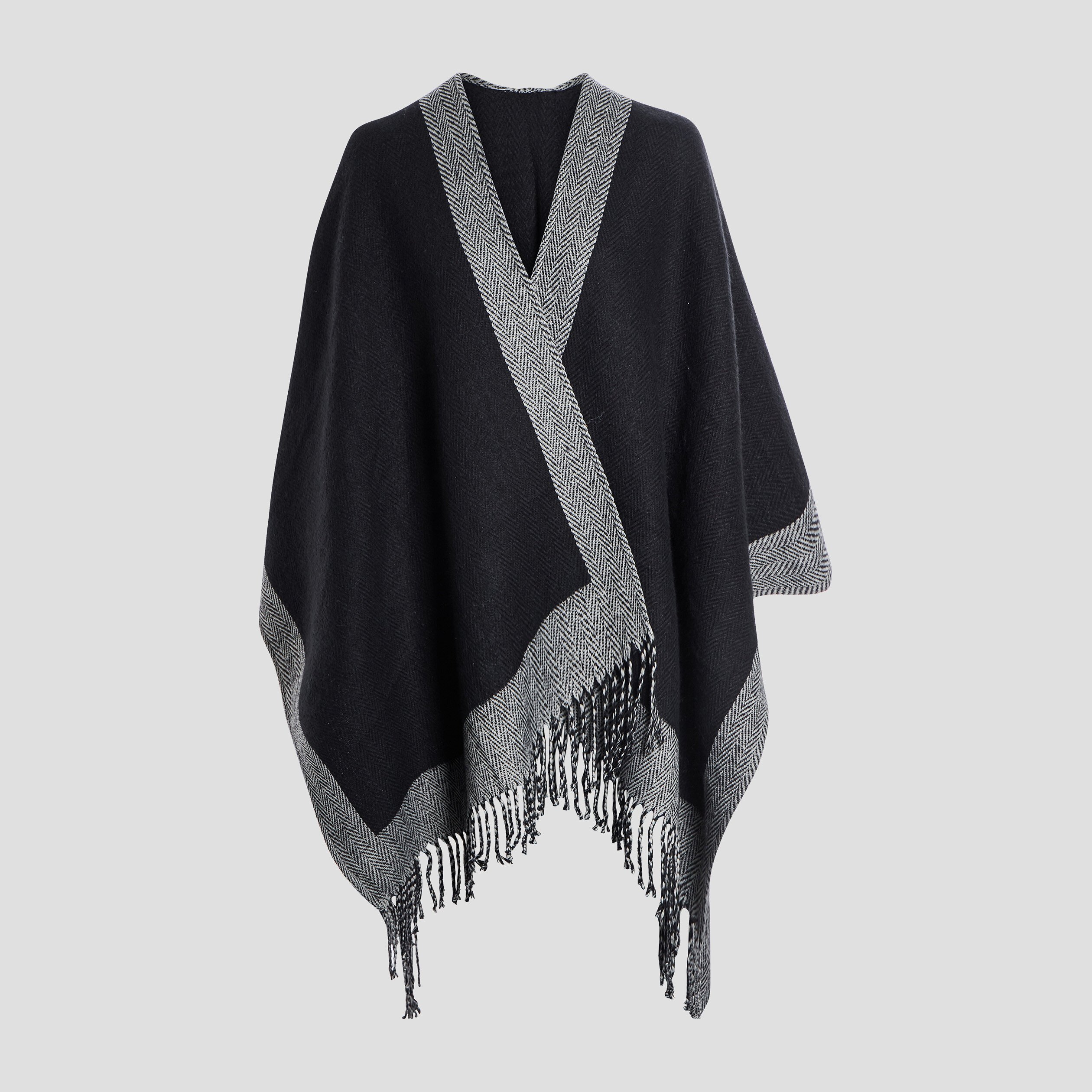 Poncho à franges noir femme | La Halle