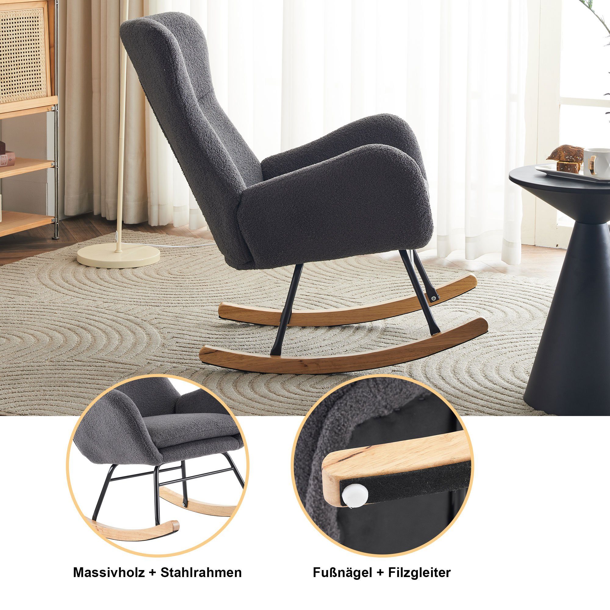 WISHDOR Schaukelstuhl Freizeitstuhl Schaukelsessel, Relaxstuhl Relaxsessel (Einzelsofastuhl, Mutterstuhl, Kinderzimmerstuhl), mit hoher Rückenlehne, Teddy-Samt-Schaukelstuhl