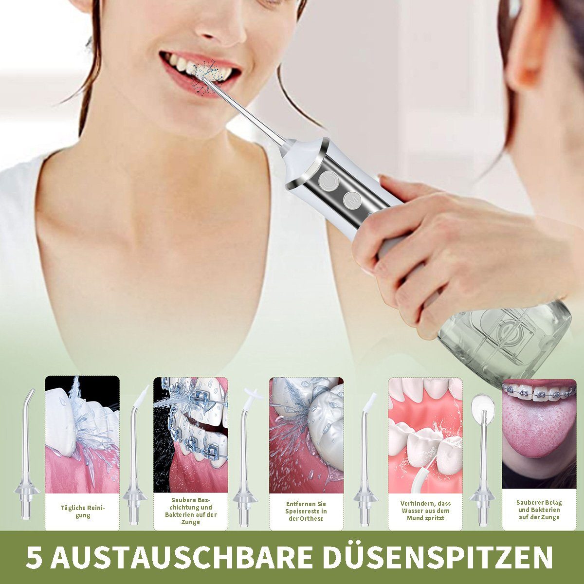 flowgoer Munddusche Schnurlose Munddusche 300 ml 2000 mAh Wasserflosser, Zahndusche, Offener Wassertank für verbesserte Mundhygiene mit 5 Modi und 5 Düsen