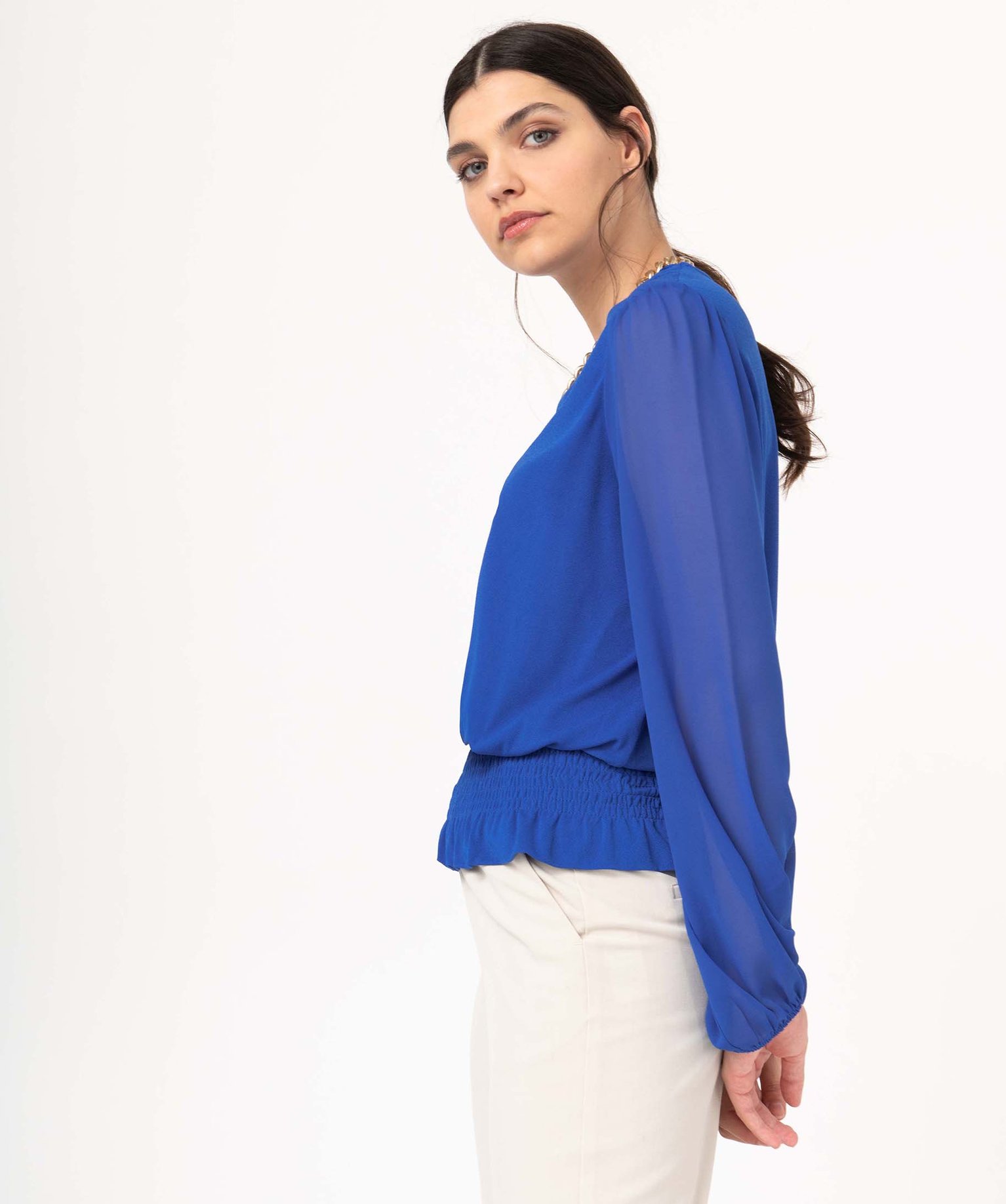 Tee-shirt fluide à manches longues en voile femme bleu | GEMO