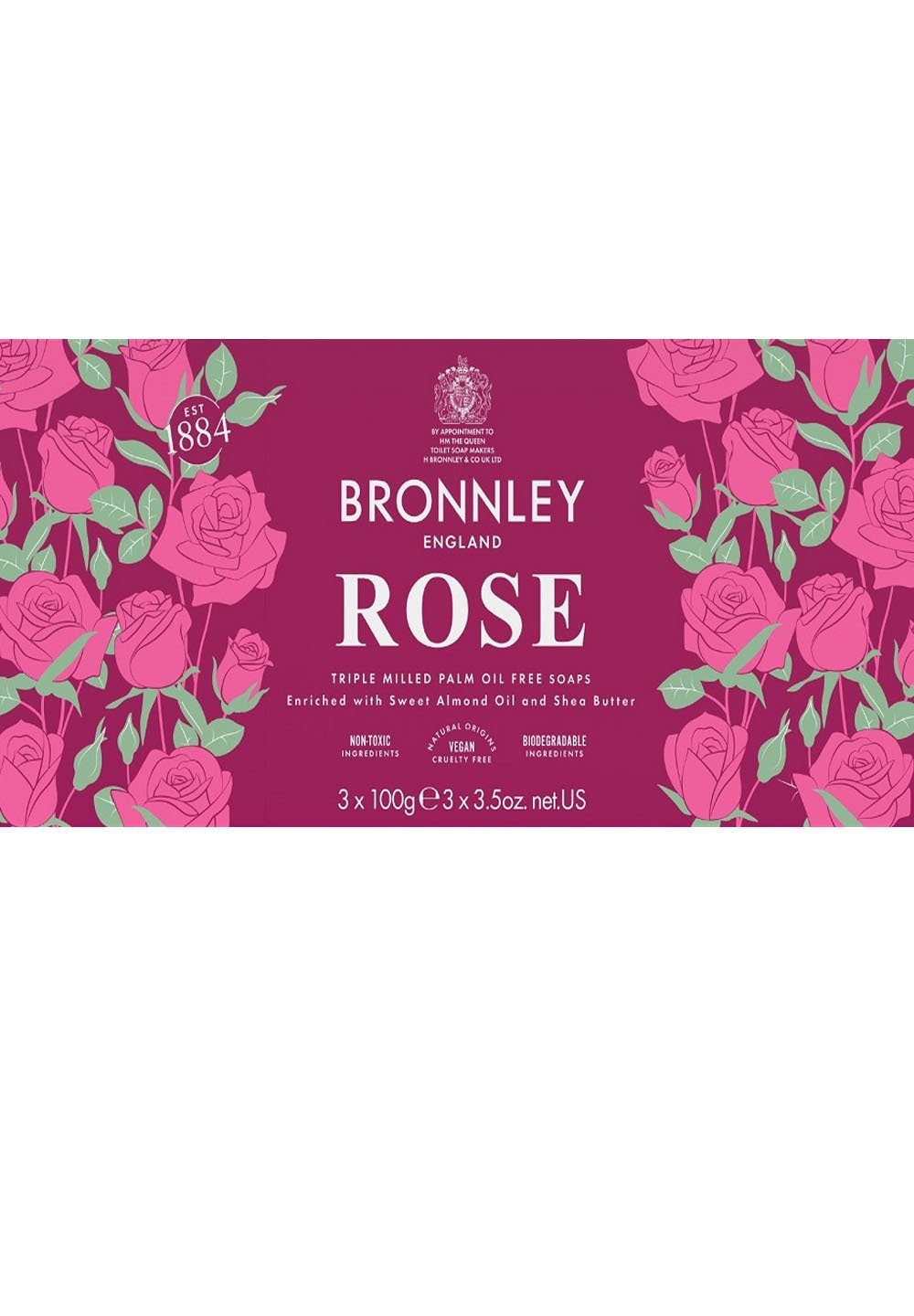 Bronnley Handseife Rose 300 g, Triple Milled Soap in Geschenkbox 3x100 g
