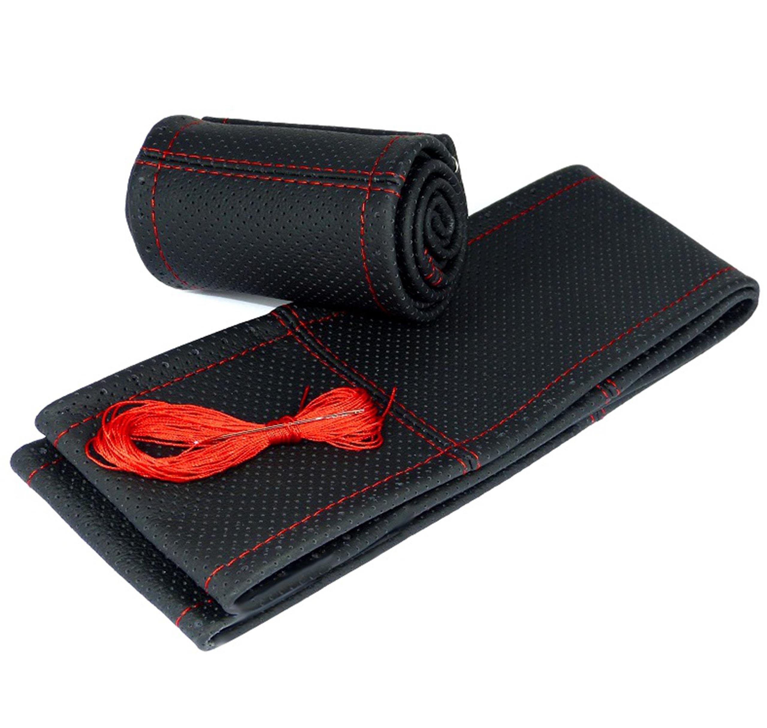 L & P Car Design Lenkradbezug Lenkradhülle Auto in schwarz mit roter Naht, Ø 38 - 39 cm, perforiertes Echtleder