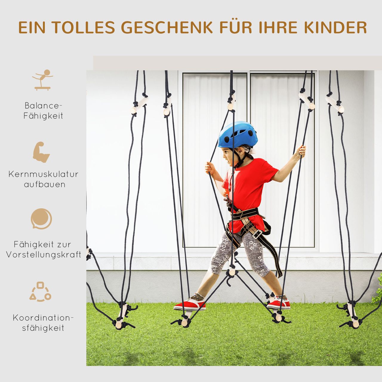 Outsunny 1,65 m Kinder Kletterleiter aus Holz Strickleiter Seilbrücke Hängeleiter für 3-14 Jahre Belastbarkeit bis 100 kg Outdoor Indooor Natur 88 x 40 x 165 cm