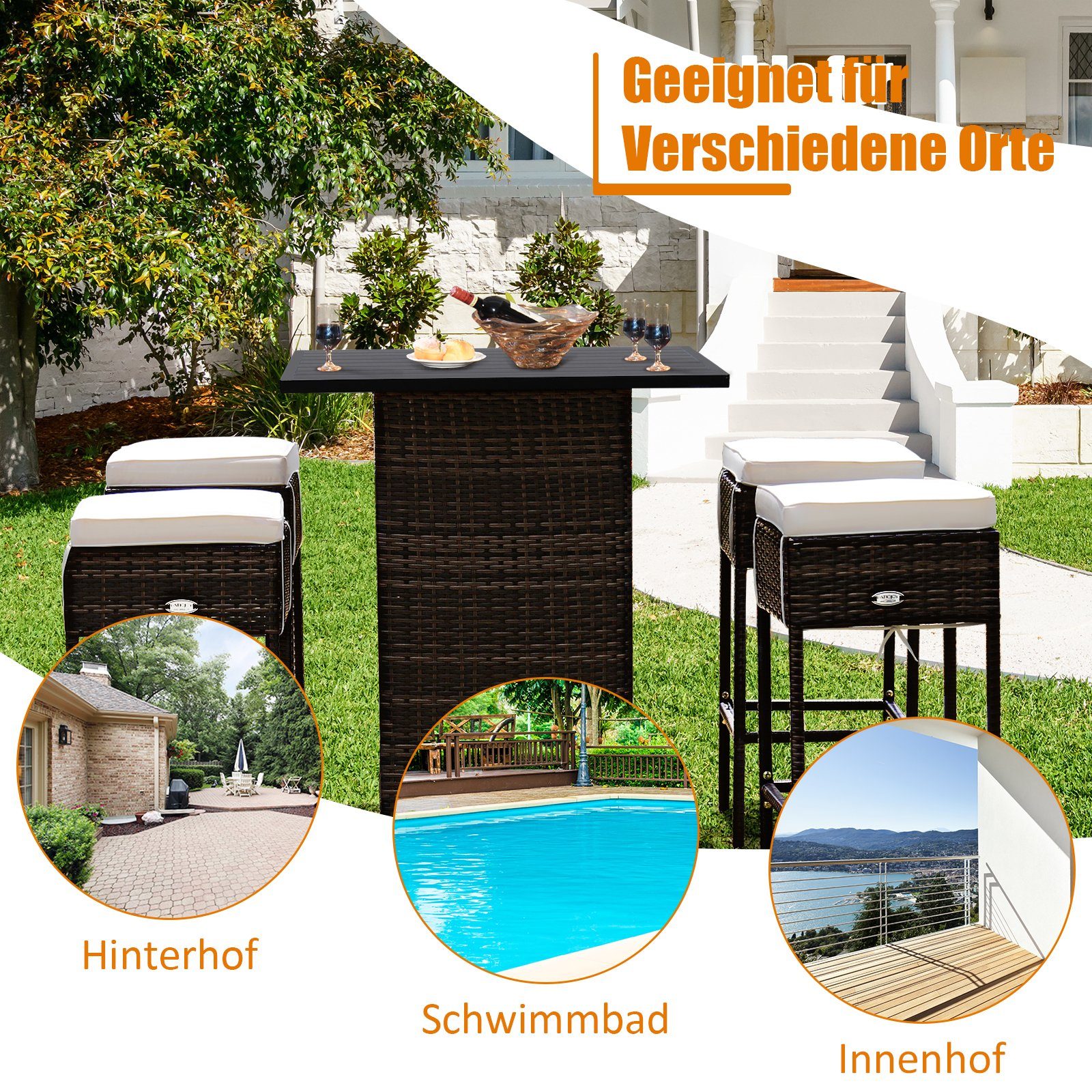 COSTWAY Gartenbar-Set, 5-tlg, Rattan, Tisch mit Stauraum&4 Hockern mit Kissen