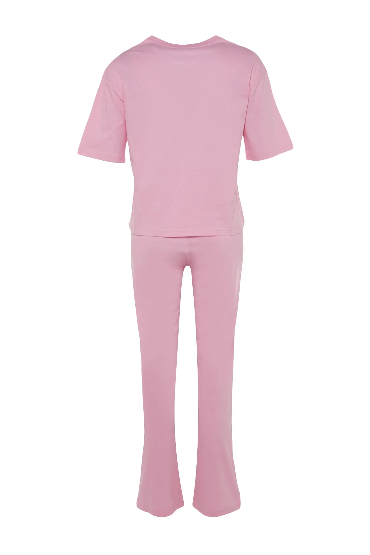 Trendyol Collection  Hellrosa gestricktes Pyjama-Set aus 100 % Baumwolle mit Slogan-Aufdruck und T-Shirt-Hose THMSS23PT00134