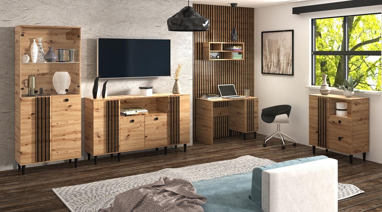 Beautysofa Kommode L3, eintürig Stauraumkommode, mit drei Schubladen, mit Lamellen, in loft Stil