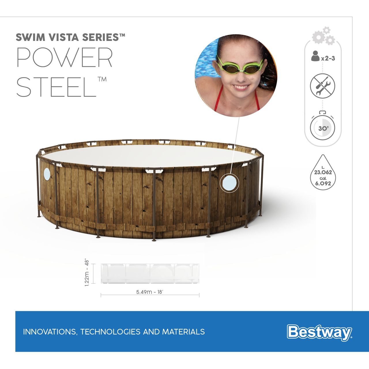 Bestway Power Steel™ Swim Vista Series™ Frame Pool Komplett-Set mit Filterpumpe, Holz-Optik