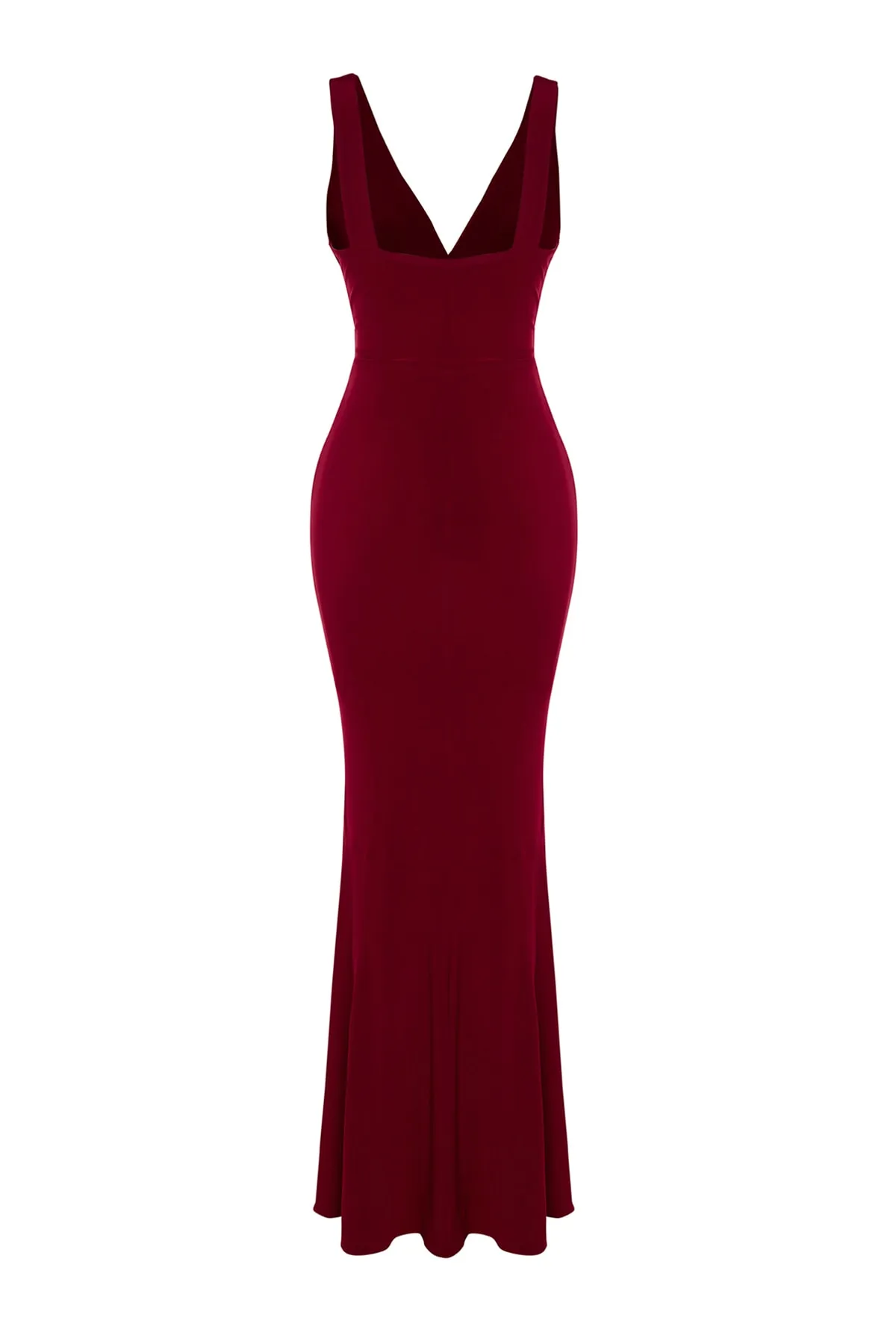 Trendyol Collection  Burgunderrotes, figurbetontes, gefüttertes, gestricktes, langes Abendkleid mit Volant TPRSS19UT0026