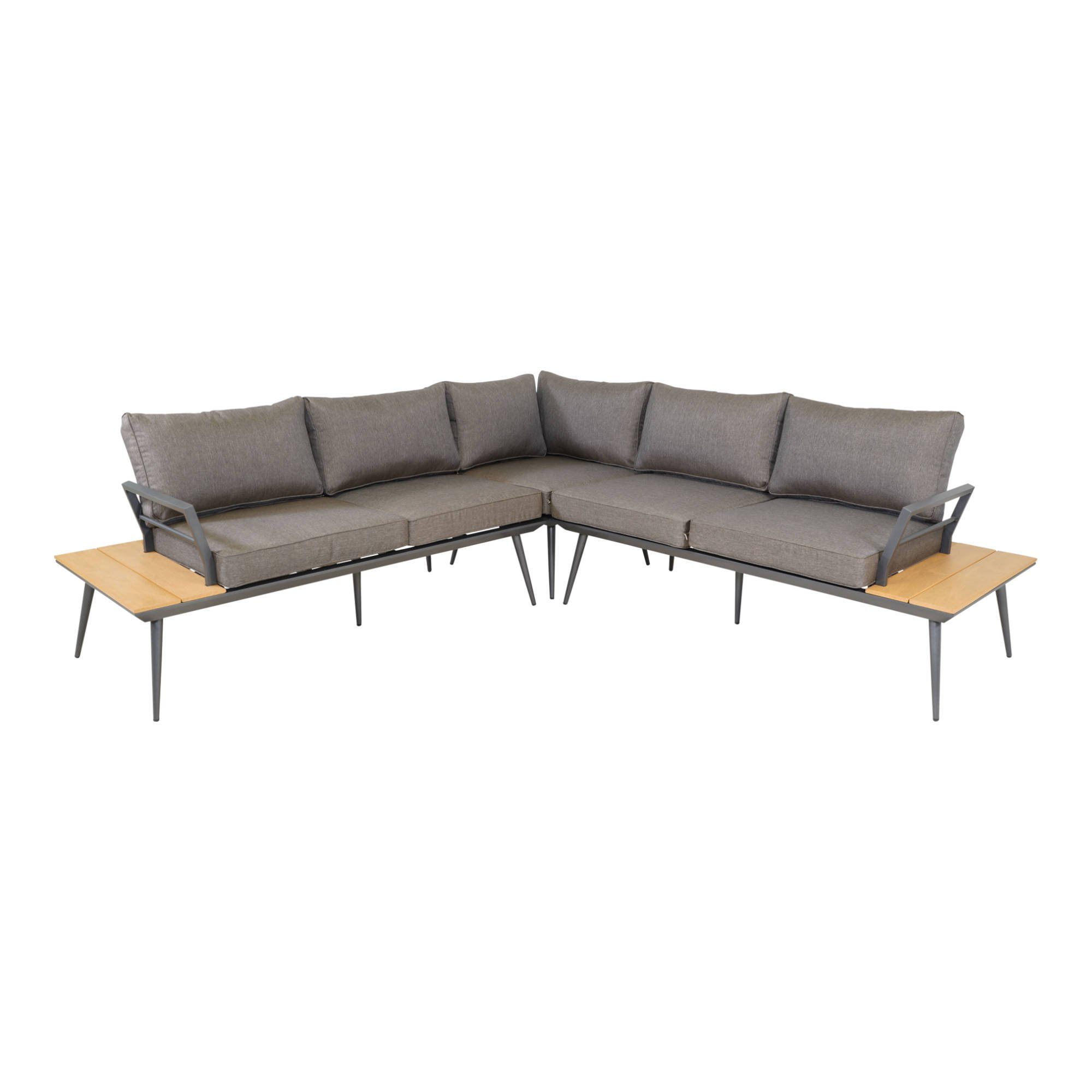 GMD Living Eckbankgruppe AREZZO, (Eckbank Essgruppe, 5-tlg., bestehend aus 2 Sofas, 1 Eckteil, 1 Tisch & 1 Bank inkl. Polsterkissen), Tischplatte im Teaklook, Wetterfest