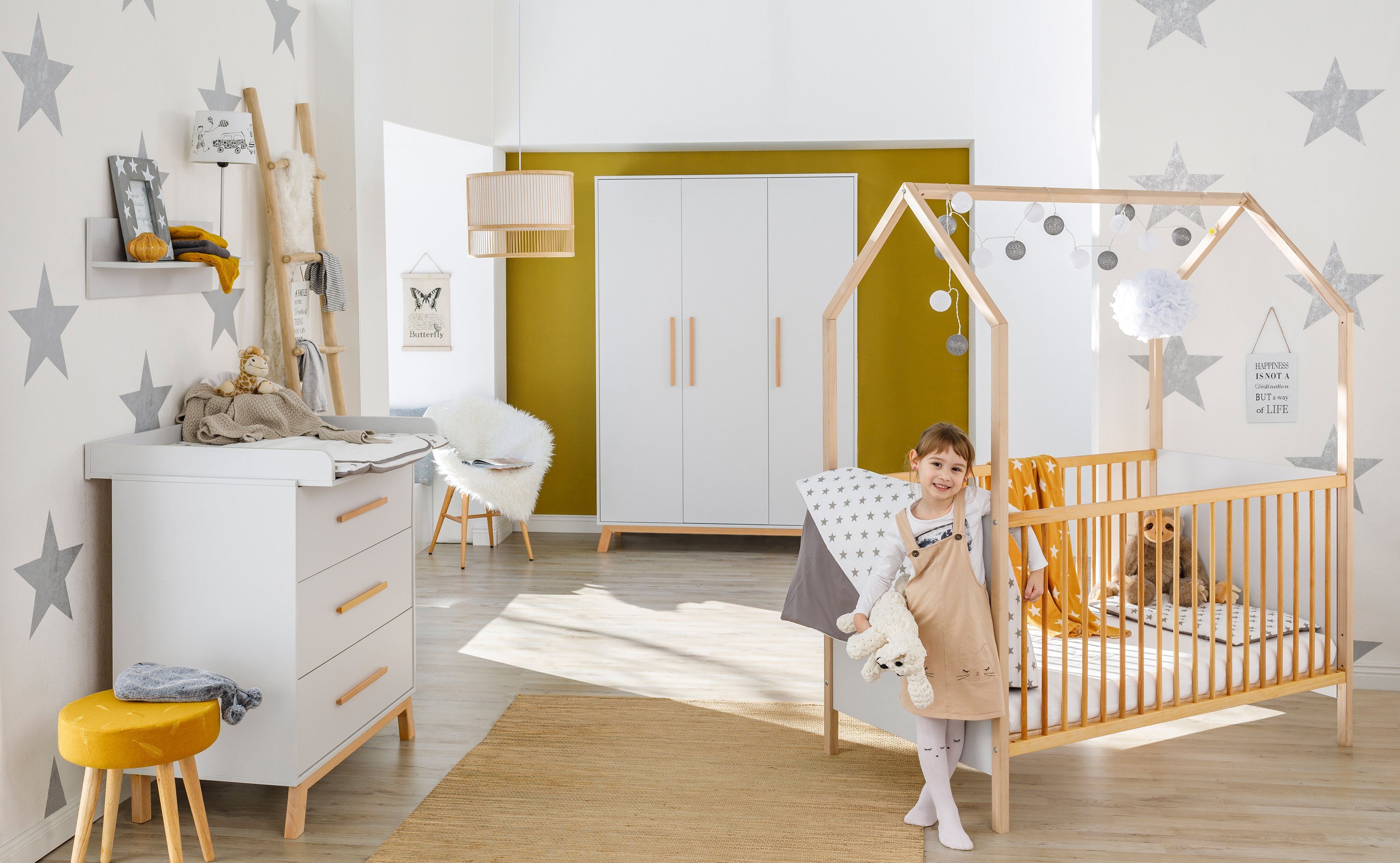 Schardt Babyzimmer-Komplettset Sienna Grey, (Set, 3-St., Hausbett, Schrank, Wickelkommode), Made in Germany; mit Hausbett, Schrank und Wickelkommode