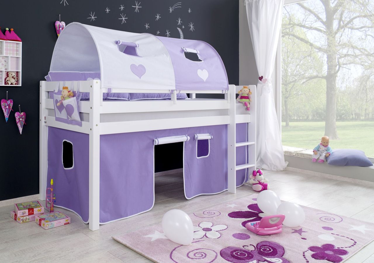 Relita Halbhohes Spielbett ALEX Buche massiv weiß lackiert mit Stoffset purple/weiß/herz