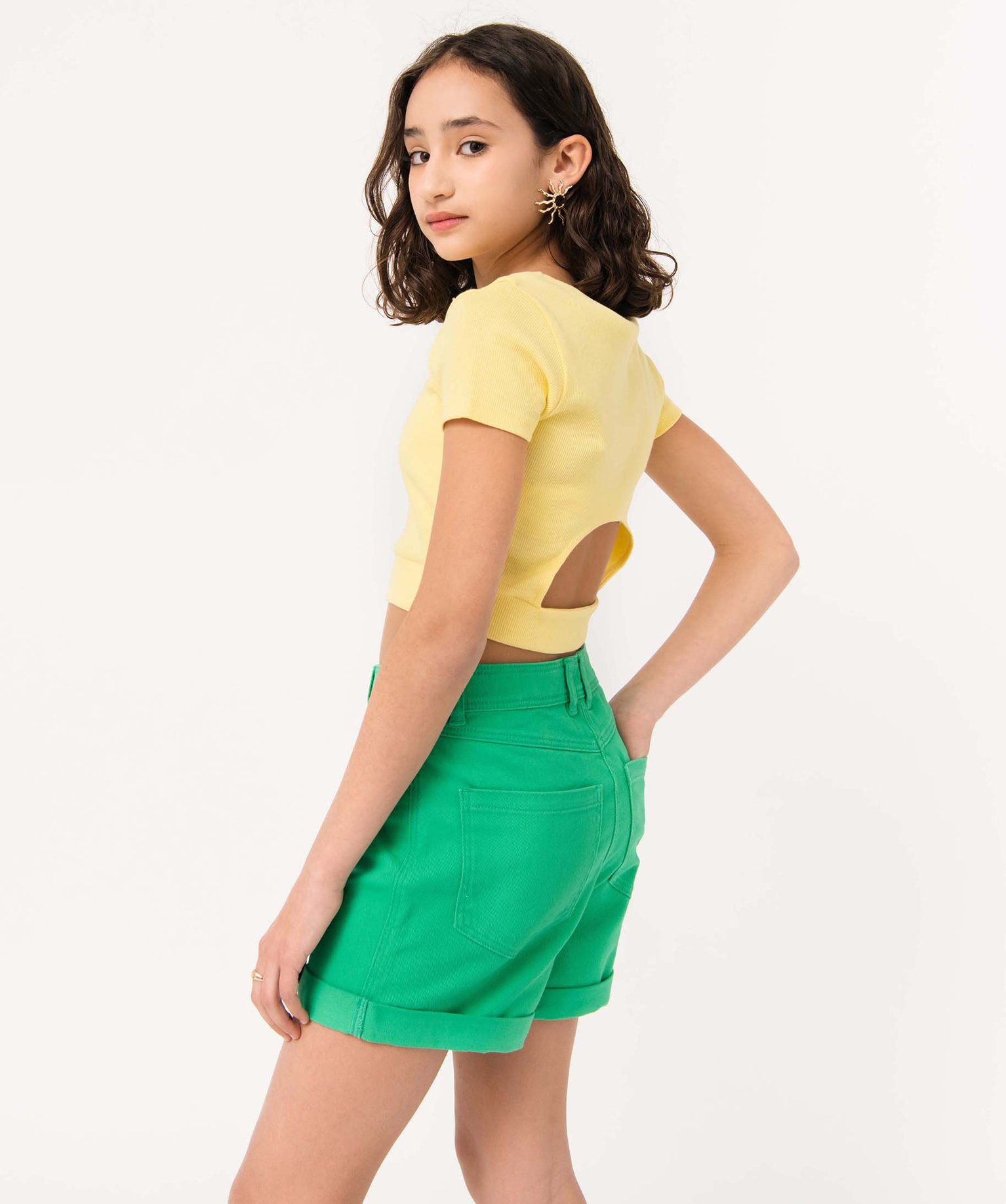 Tee-shirt fille en maille ctelée coupe courte jaune | GEMO