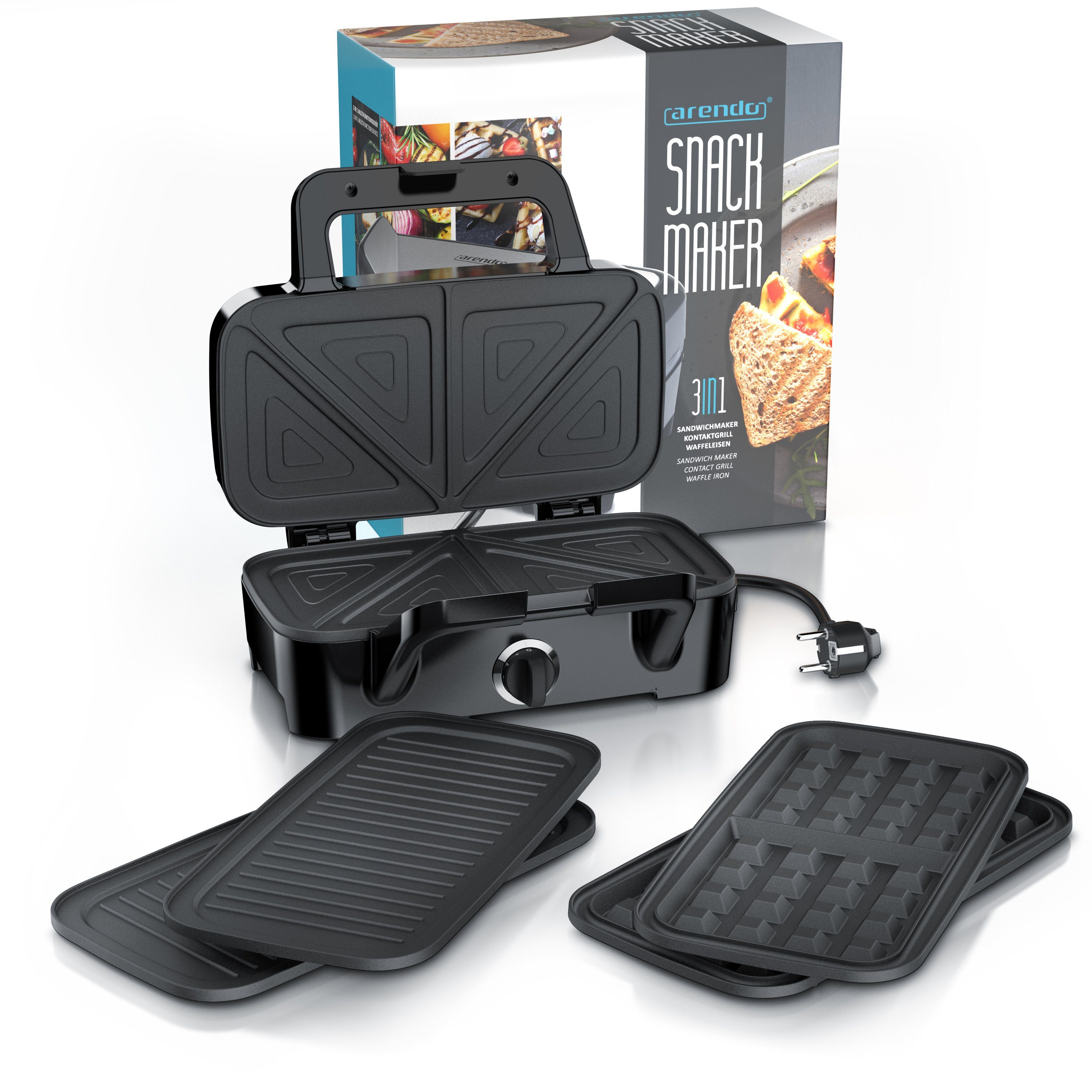 Arendo 3-in-1-Sandwichmaker, Waffeleisen & Kontaktgrill, Antihaftbeschichtete abnehmbare Platten