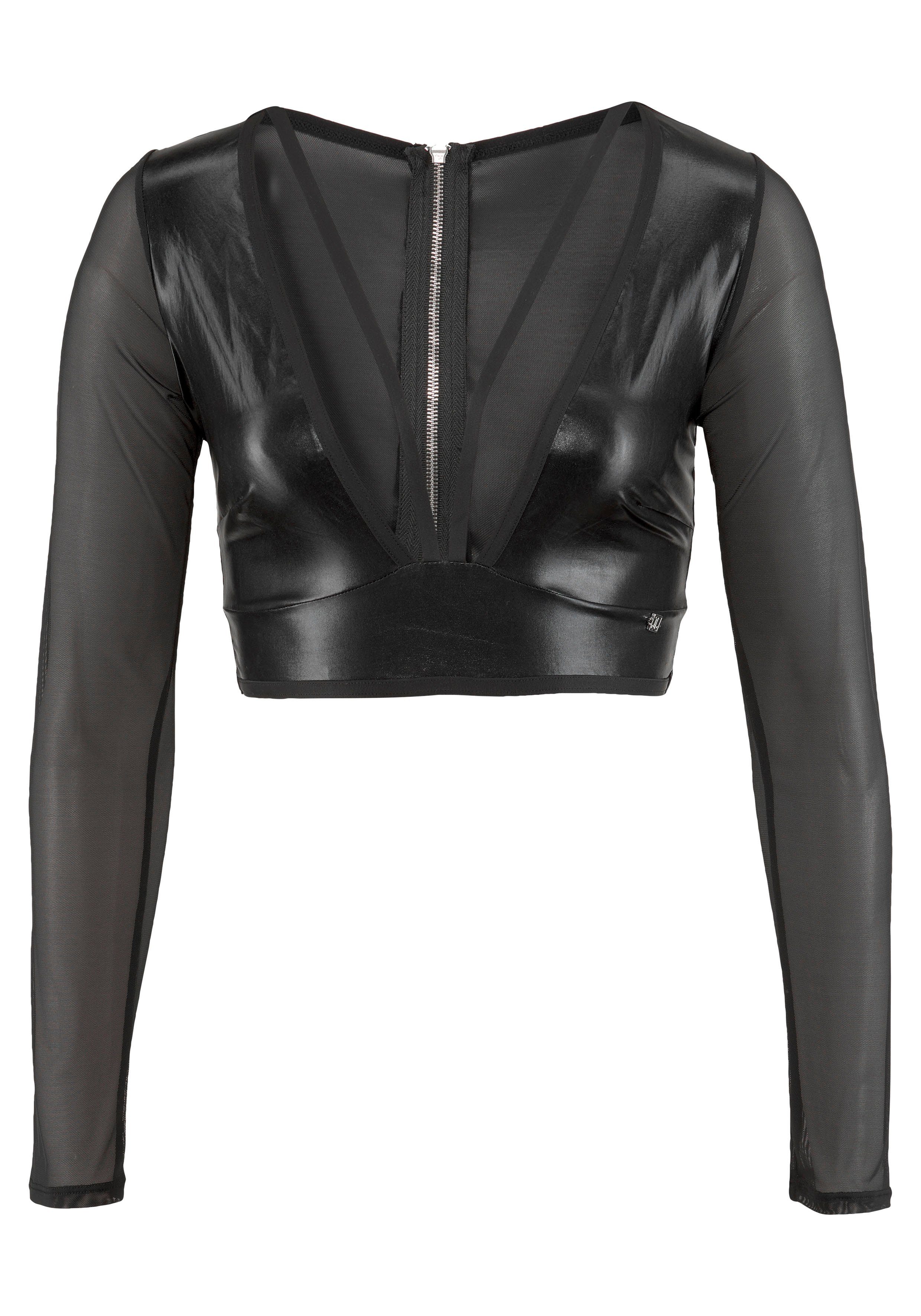 JETTE Mesh-Top aus elastischem Lederimitat und transparenter Netzware, sexy Dessous