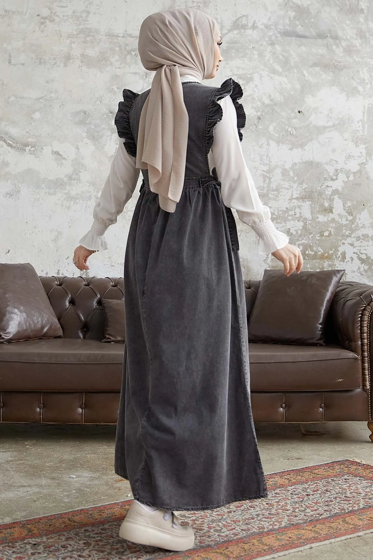 InStyle  Jeans-Giletkleid mit Rüschenschultern – Grau