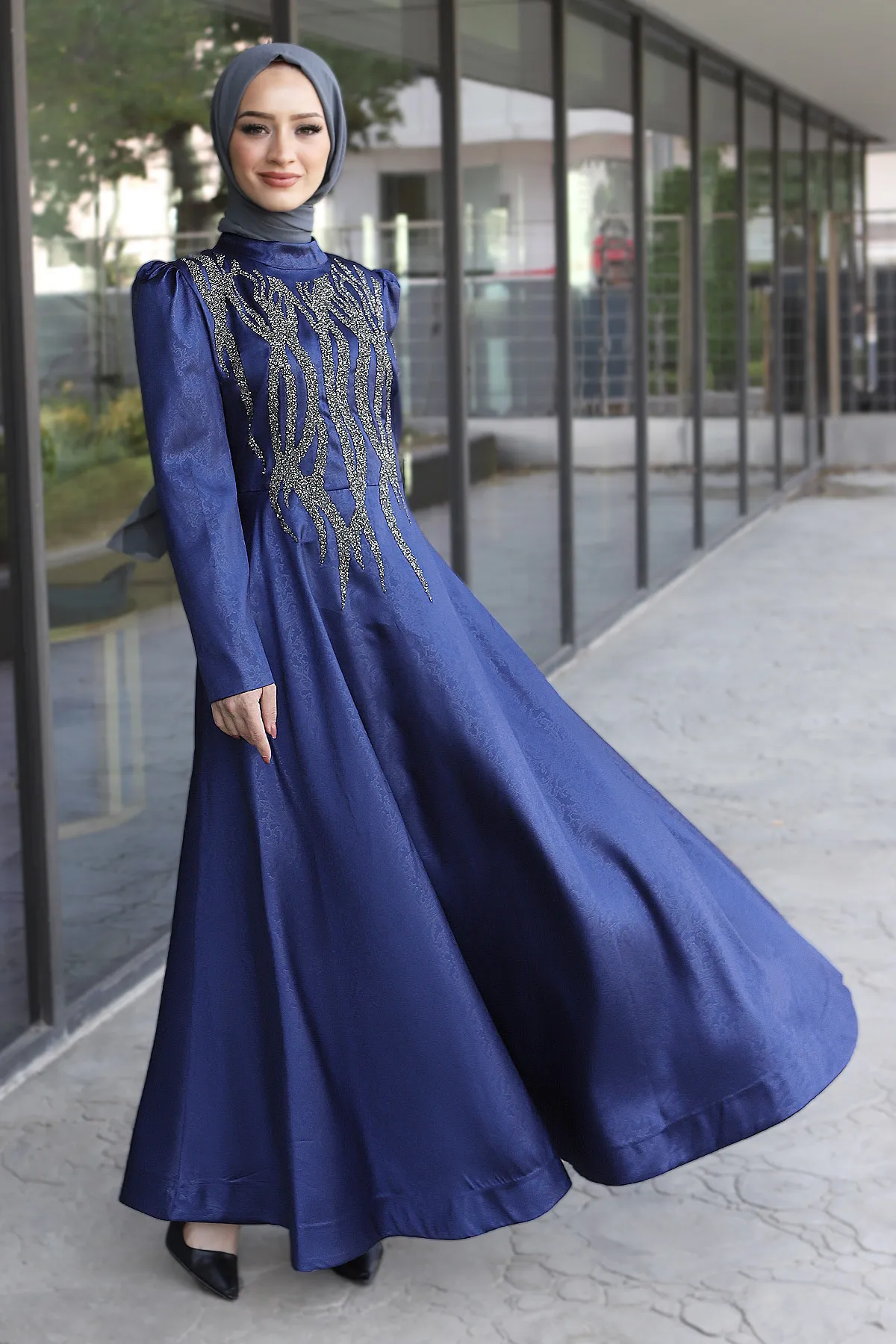 Tesettür Dünyası  Abendkleid mit Pailletten vorne und detaillierten Details Tsd220544 Indigo