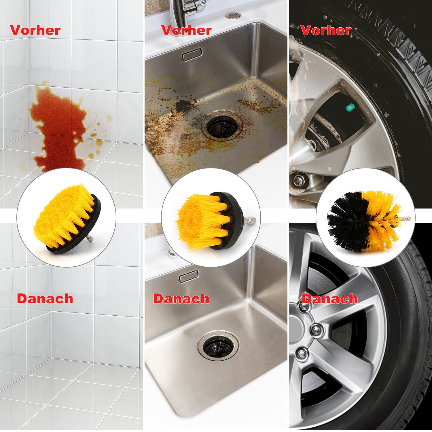Lospitch Reinigungsbürsten-Set Bürstenaufsatz Bohrmaschine Set 3 PCS/10 PCS/18 PCS, Fliesen, Küchenwänden, Böden, Autos, Wohnzimmerteppichen, Badewannen, Autorädern, (Spar-Set, 3-tlg., Putzgeräte für den Haushalt), Automobil,Badezimmer,Essgeschirr,Fl