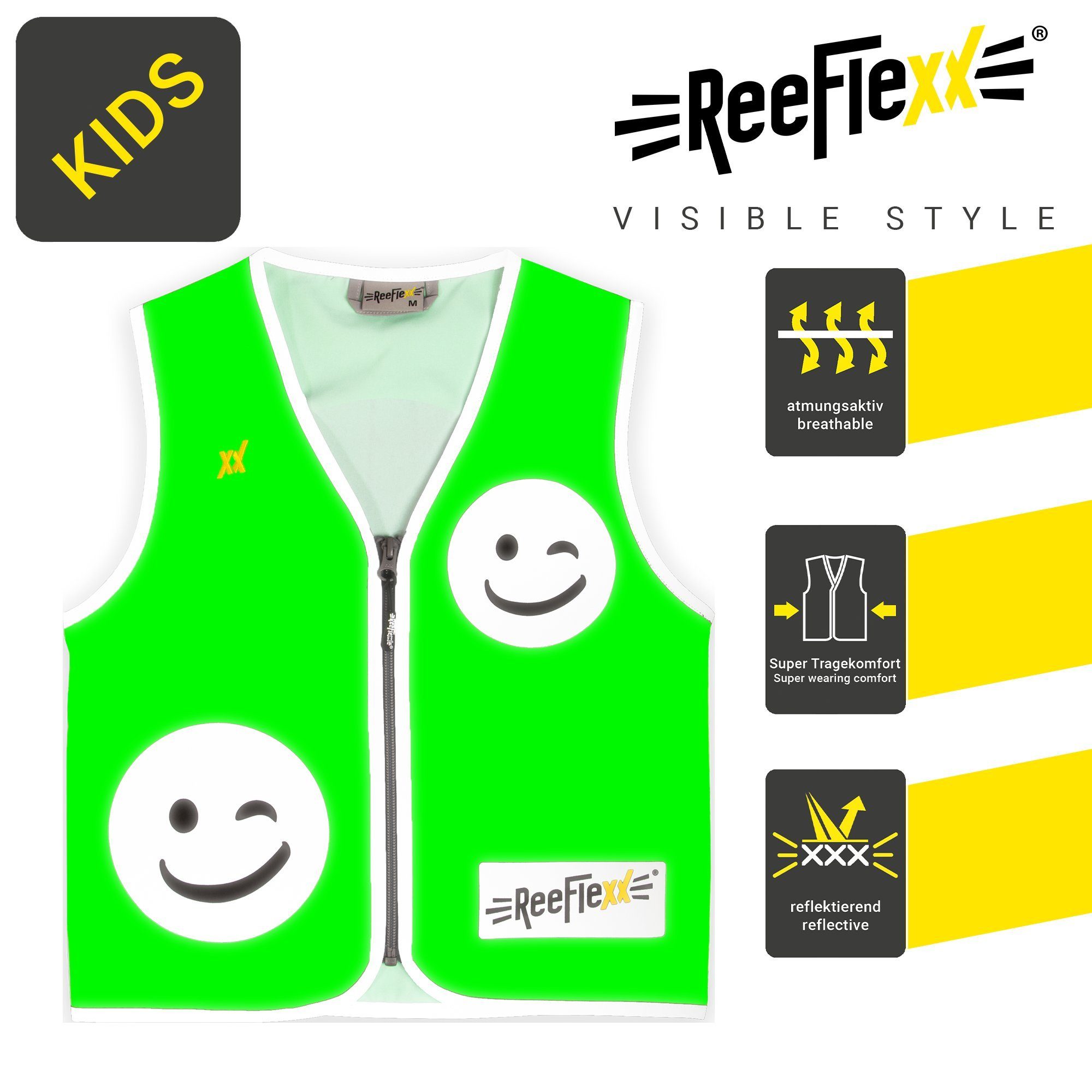 ReeFlexx Warnweste Solid Green Smiley - Kinderwarnweste
