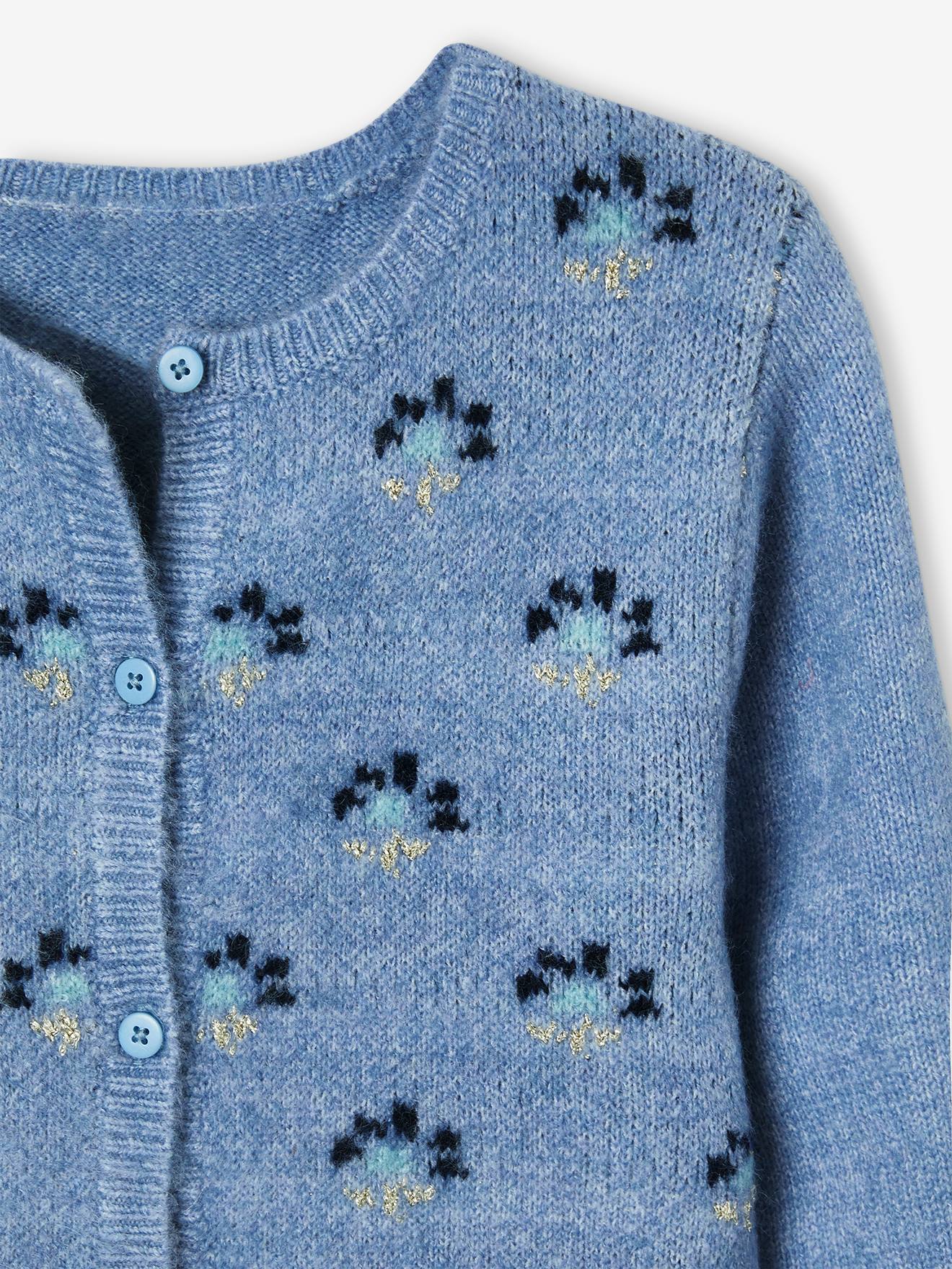 Gilet jacquard fille motifs fleurs rehaussés de fil brillant bleu
