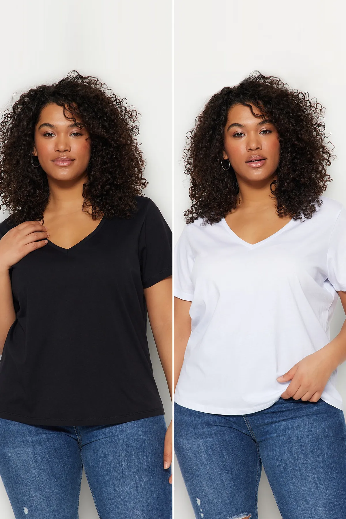Trendyol Curve  Schwarz-weißes 2er-Pack Basic-Strick-T-Shirts TBSSS22TS0705