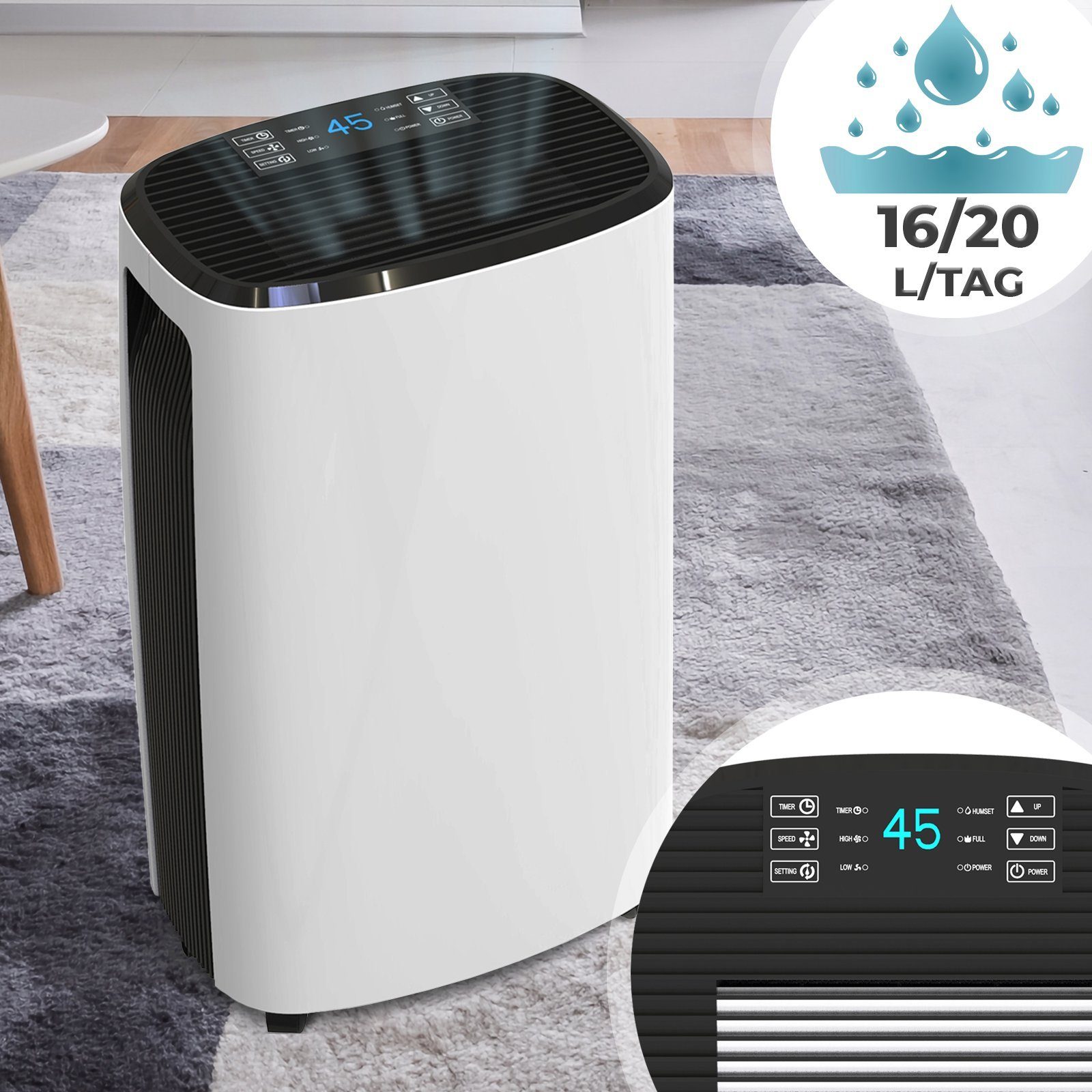 VENDOMNIA Luftreiniger Luftentfeuchter 16/20 L Auto-Modus Raumentfeuchter, Entfeuchtungsgerät, für 30 m² Räume, 3,7L Behälter, bis 30 m², elektrisch, Timer, Wäschetrocknung