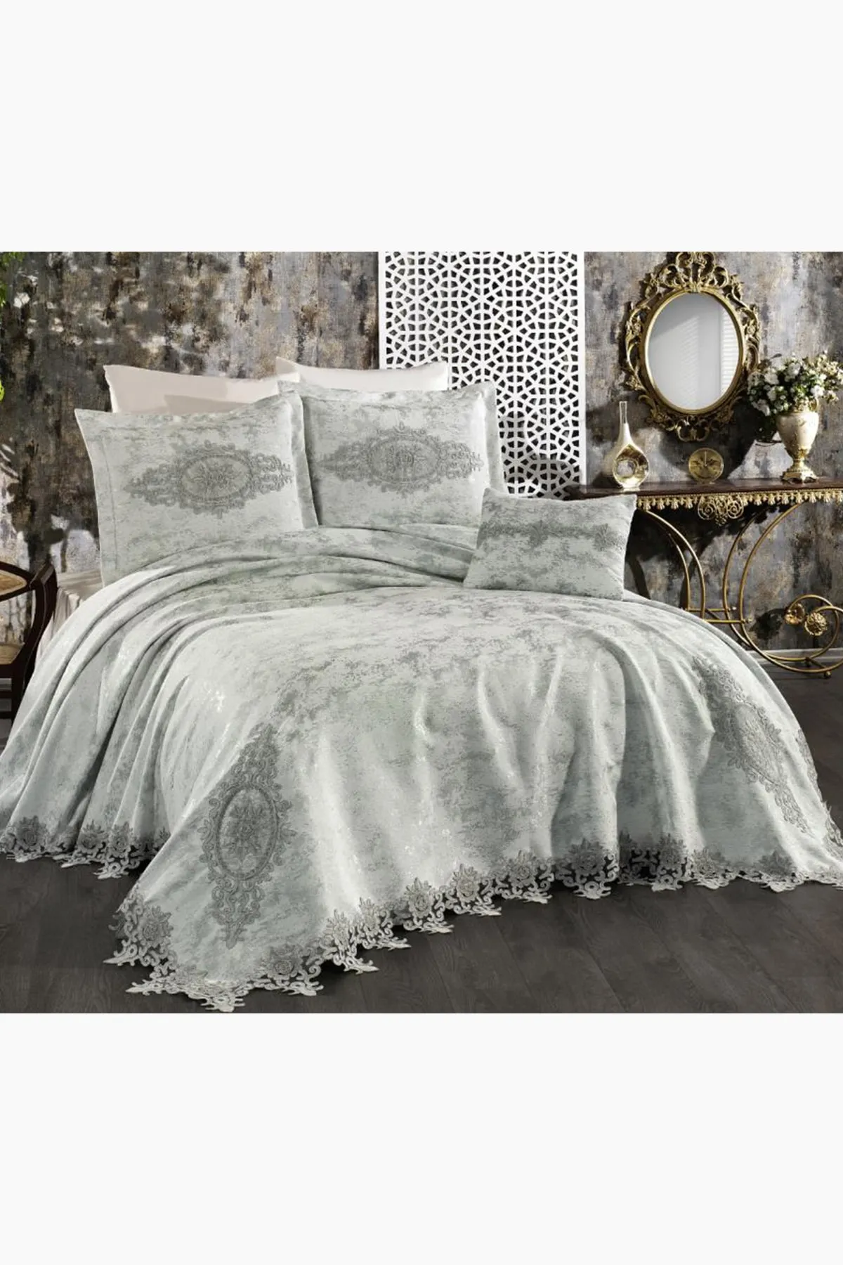 Çeyiz Diyarı  Berika Französisch geschnürtes Mitgift-Piqué-Set, 4-teilig, Grau