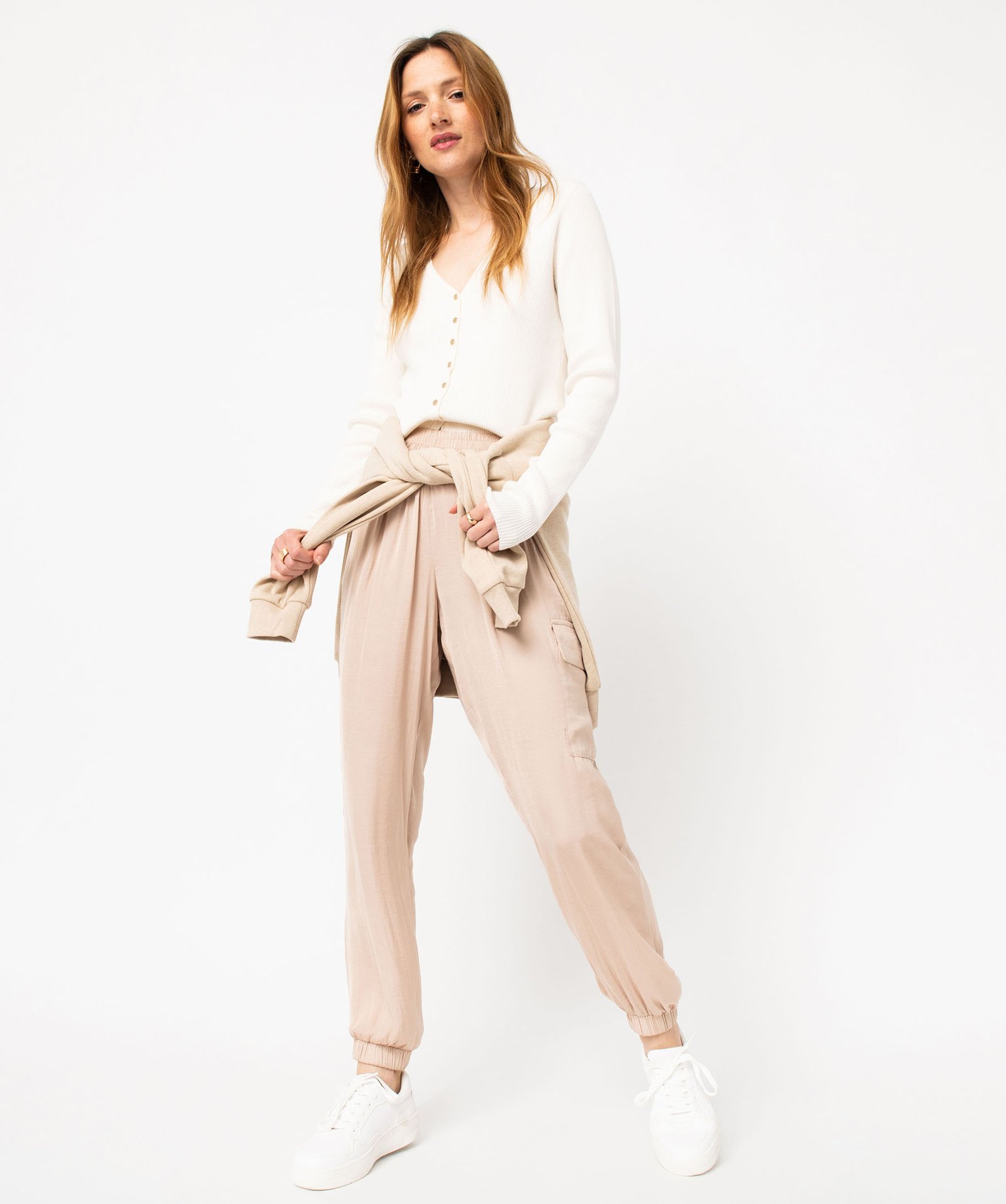Pantalon cargo en matière satinée femme beige | GEMO