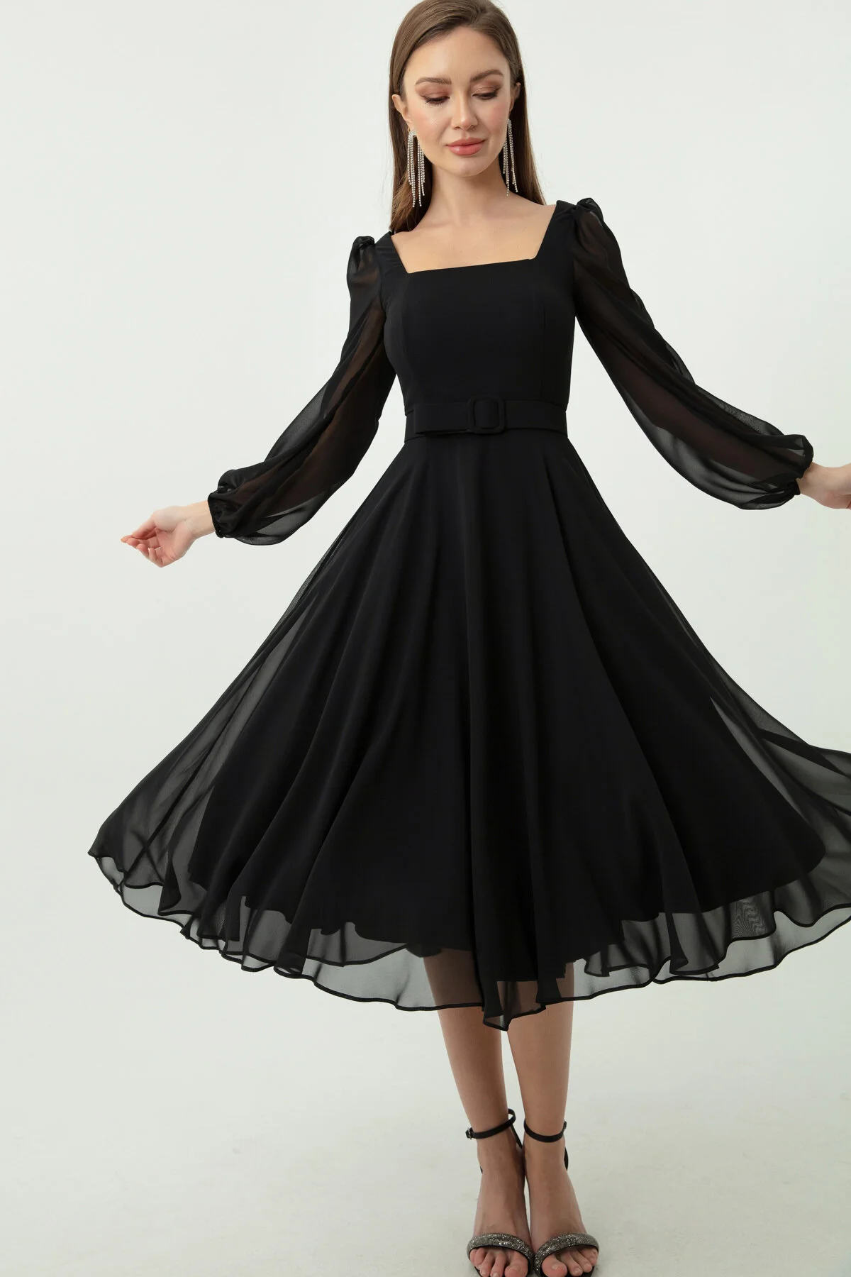 Lafaba  Schwarzes Abendkleid aus Midi-Chiffon mit quadratischem Ausschnitt und Gürtel für Damen