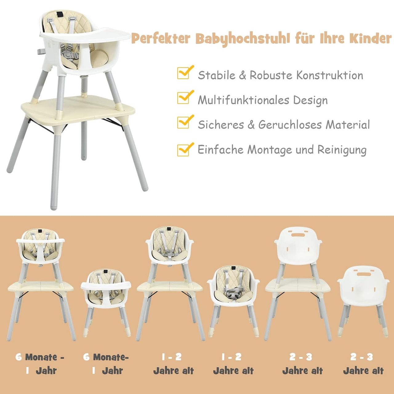 Costway 4 in 1 Baby-Hochstuhl, umwandelbarer Babystuhl mit 5-Punkt-Gurt