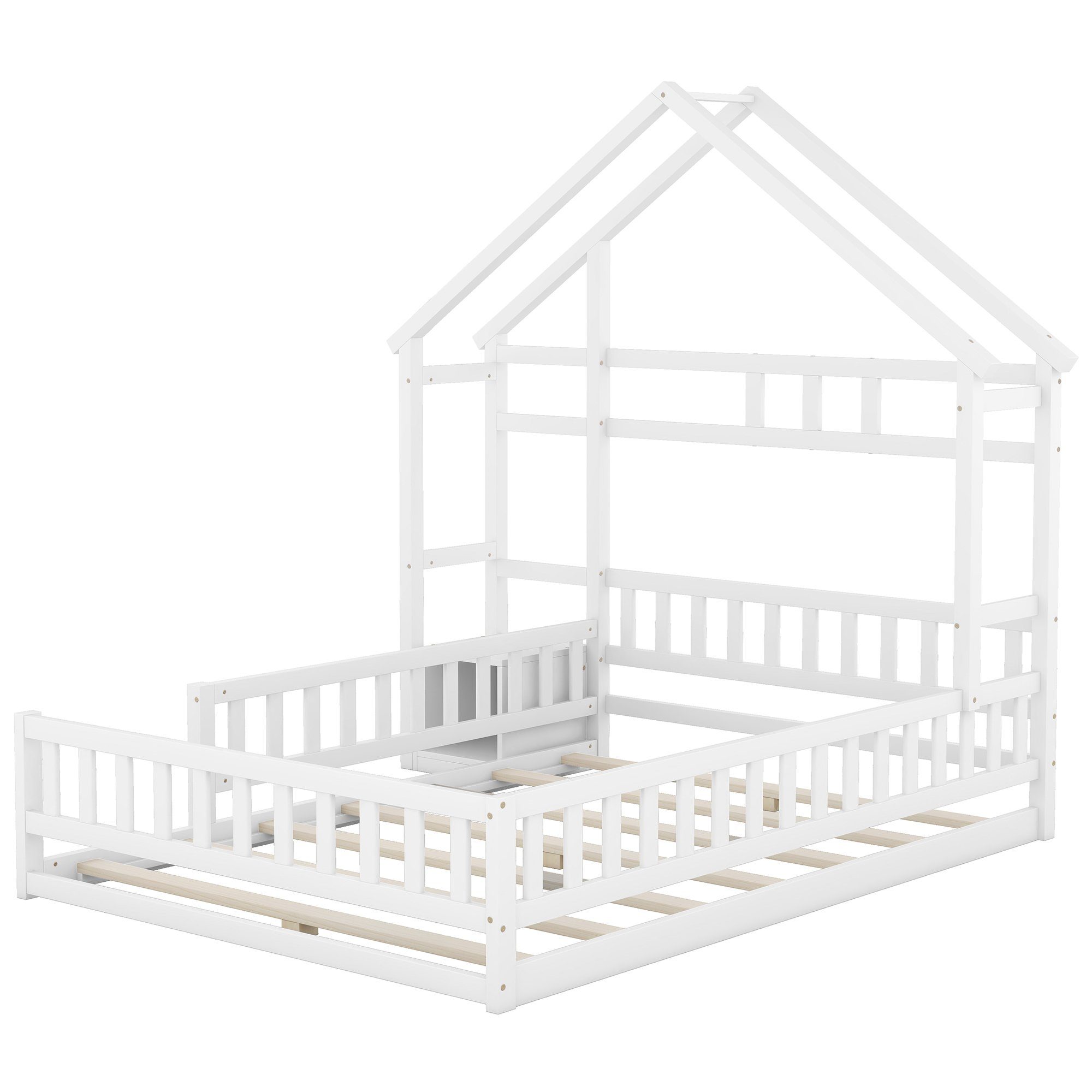 Merax Holzbett, mit Nachttisch und Rausfallschutz, Kinderbett 140x200 cm, Hausbett