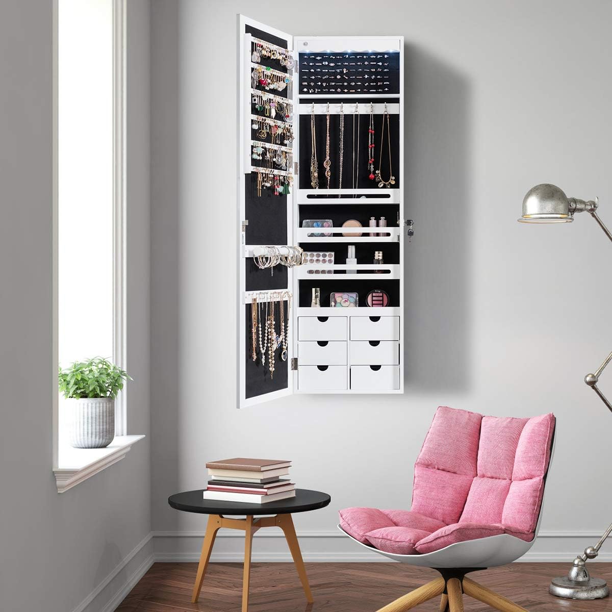 Costway COSTWAY Schmuckschrank mit LED Beleuchtung, 6 Schubladen und Spiegel