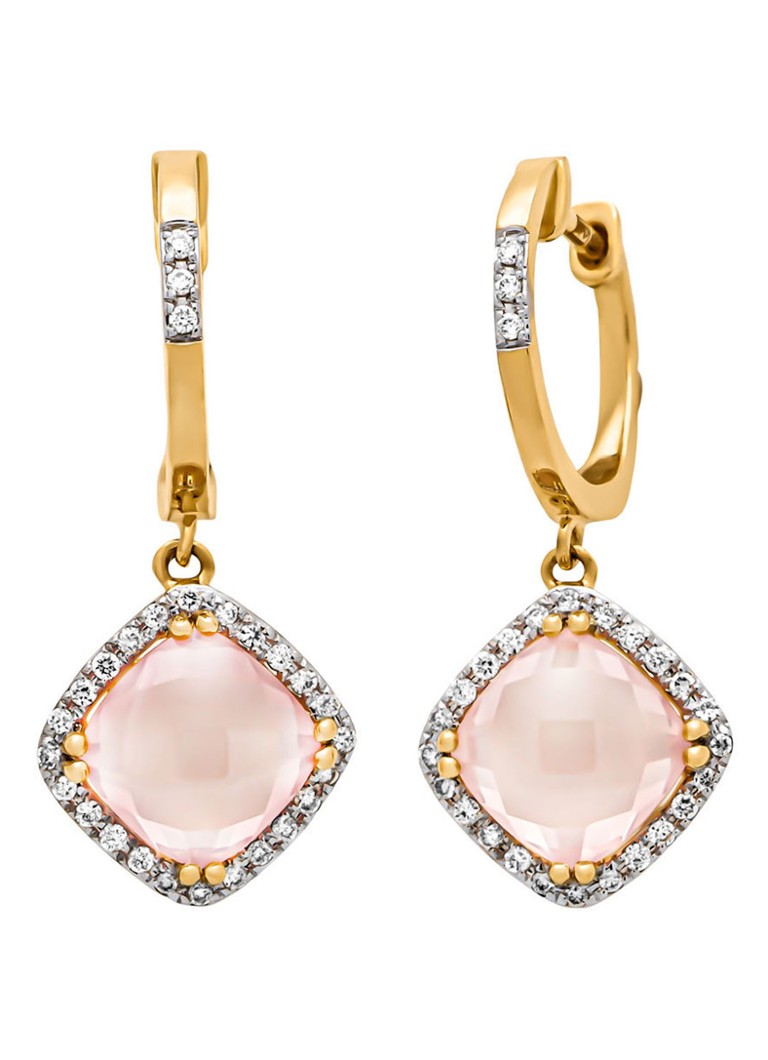 Diamond Point Yellow gold earrings, 3.39 ct rose quartz, Fiesta