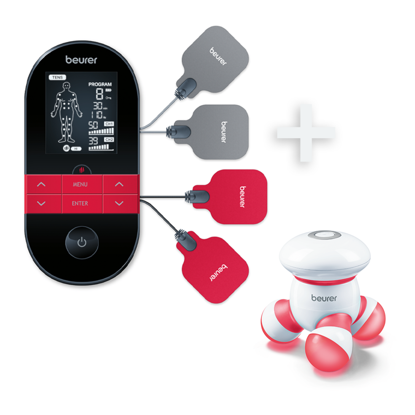 Beurer Digital TENS/EMS EM 59 mit Wärmefunktion & Mini-Massagegerät MG 16-Unser einzigartiges Bundle zur Schmerztherapie, Muskelstimulation und Massage