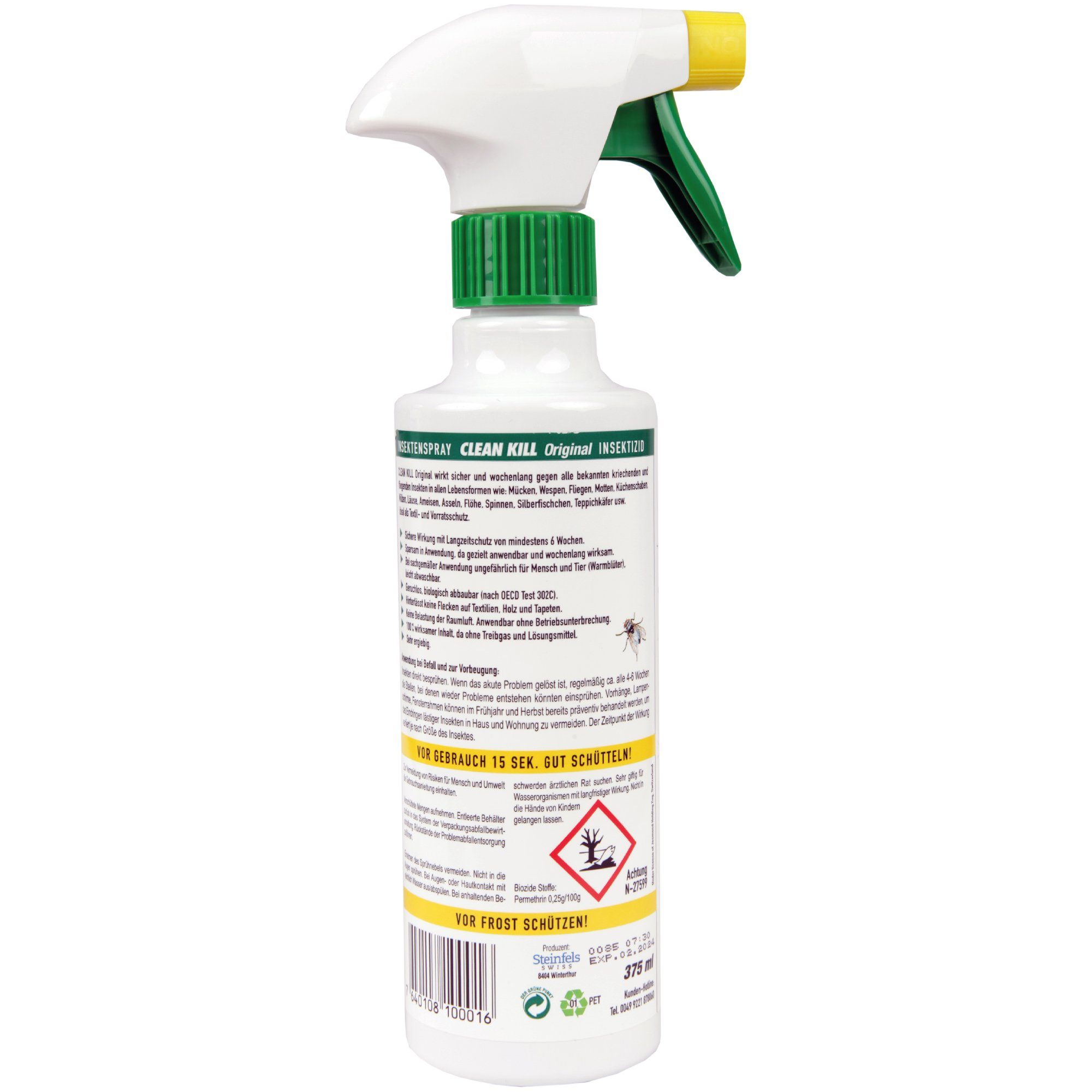 Clean Kill Insektenspray Schutz Original, 375 ml, Wespenspray Biologisch abbaubar Ungeziefer Mückenspray