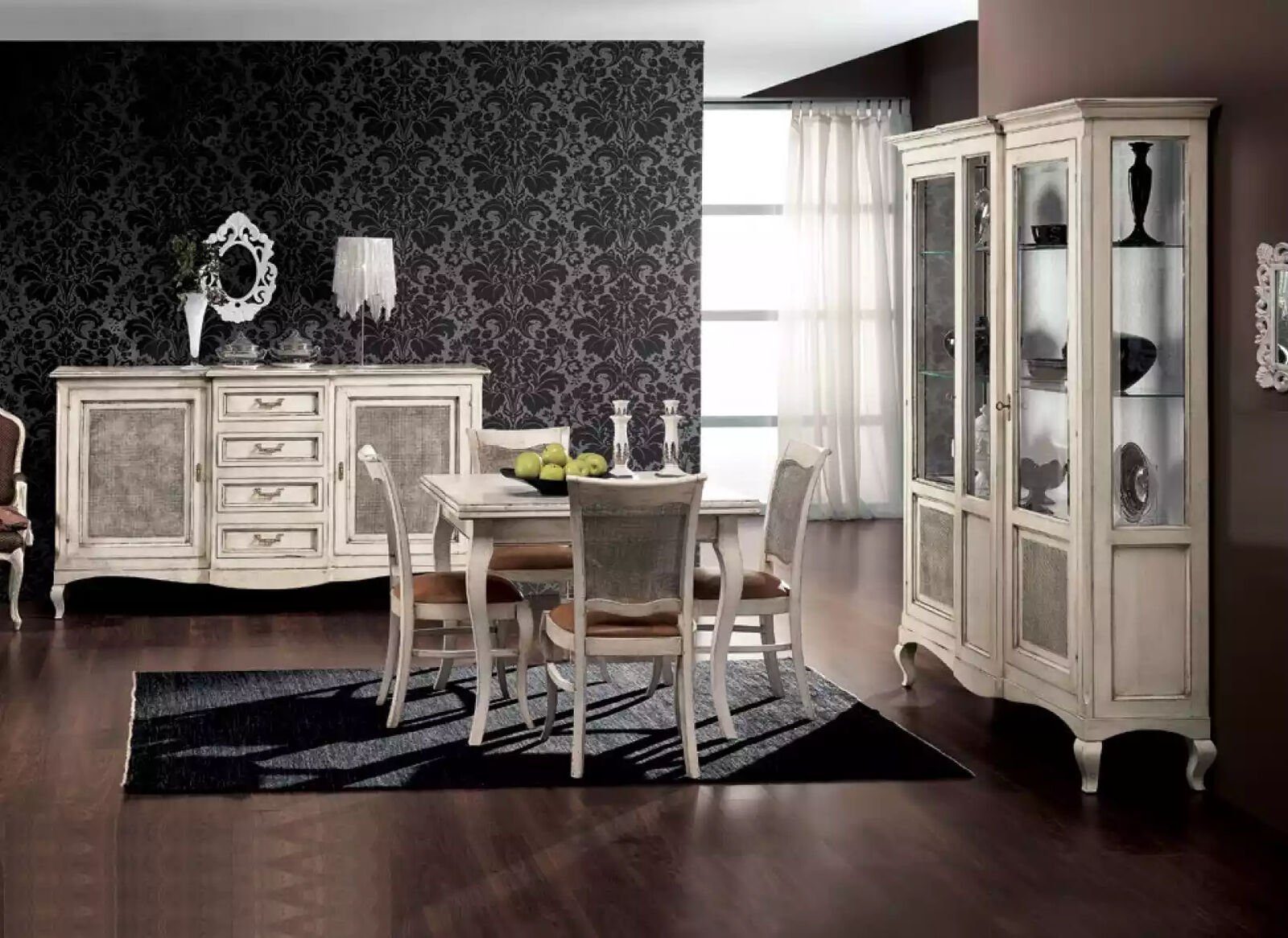 JVmoebel Esszimmer-Set Weiß Esszimmer Garnitur Esstisch 4x Stühle Sideboard, (7-St., Nur Esstisch + 4x Stühle + Sideboard + Vitrine), Made in Italy