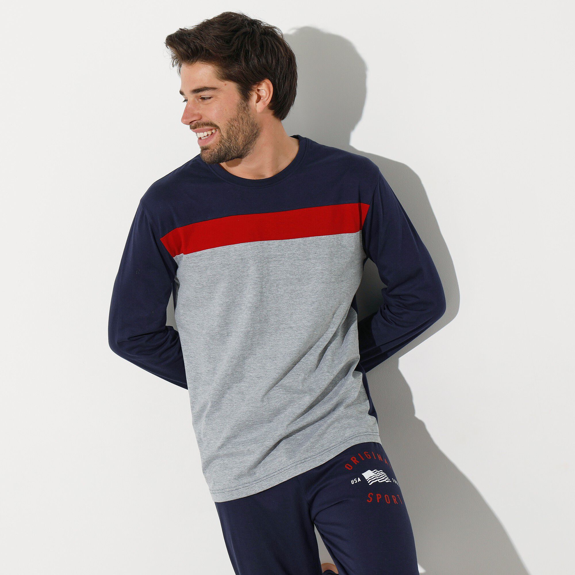 Tee-shirt pyjama tricolore manches longues
