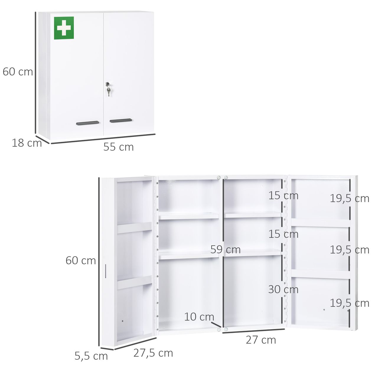 kleankin Medizinschrank, 2-türiger Apothekerschrank, Arzneischrank, Wandmontage