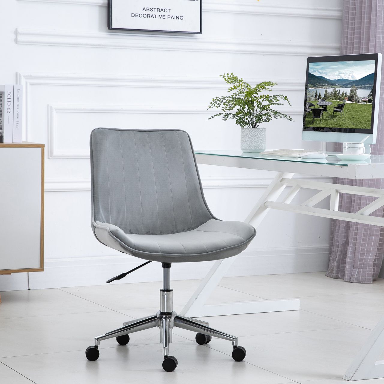 HOMCOM Bürostuhl Schreibtischstuhl Drehstuhl drehbar Höhenverstellbar 360°, Samtstoff, Grau, 52,5 x 60 x 82-91 cm