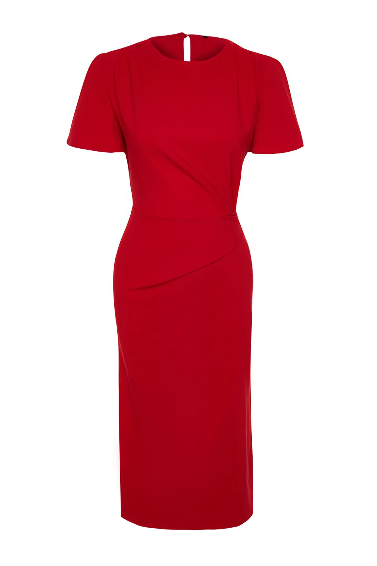 Trendyol Collection  Rotes, gerade geschnittenes, gerafftes Midi-Webkleid TWOSS24EL00713