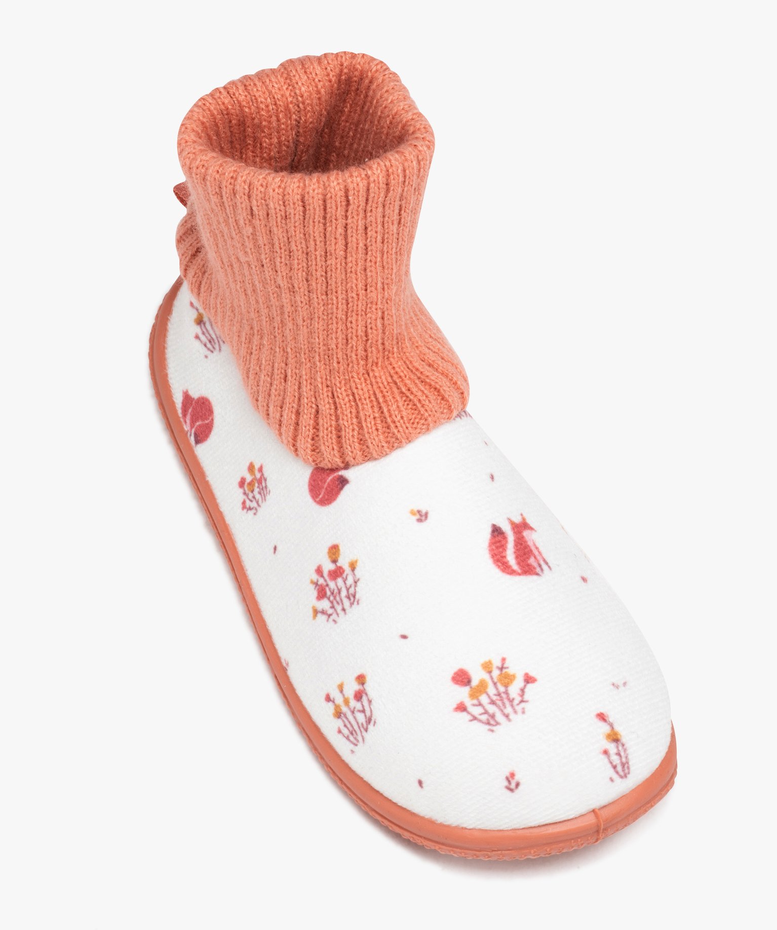 Chaussons fille en velours ras à motifs et col chaussette beige | GEMO