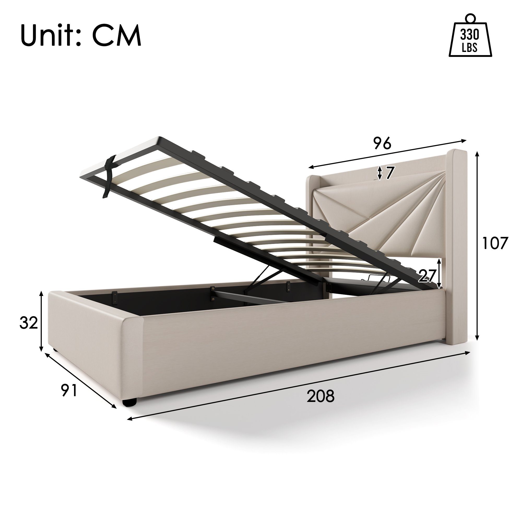 PHOEBE CAT Polsterbett (Funktionsbett Hydraulisches Bett mit Lattenrost), Stauraumbett 90x200cm mit USB Typ C Ladefunktion Kopfteil, Leinen