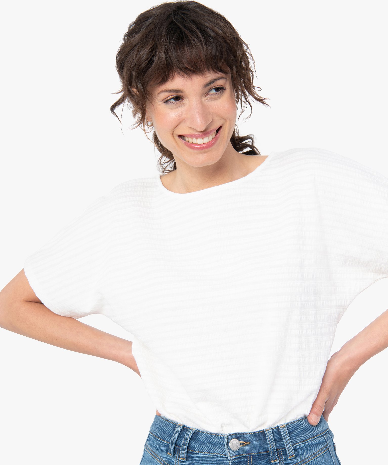 Tee-shirt femme à manches courtes en maille texturée ecru | GEMO