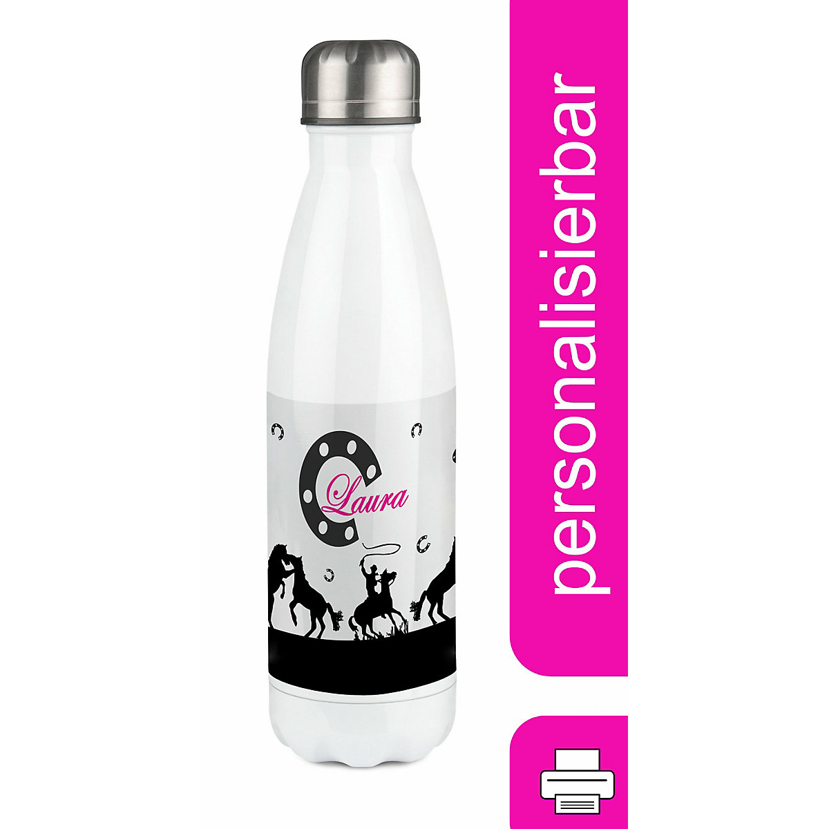 Edelstahl Kinder Thermoflasche / Trinkflasche bunt Pferd-Cowboy schwarz Spülmaschinenfest, Auslaufsicher, Bruchfest, Doppelwandig, Für Heißgetränke geeignet, Mit Deckel, Isoliert