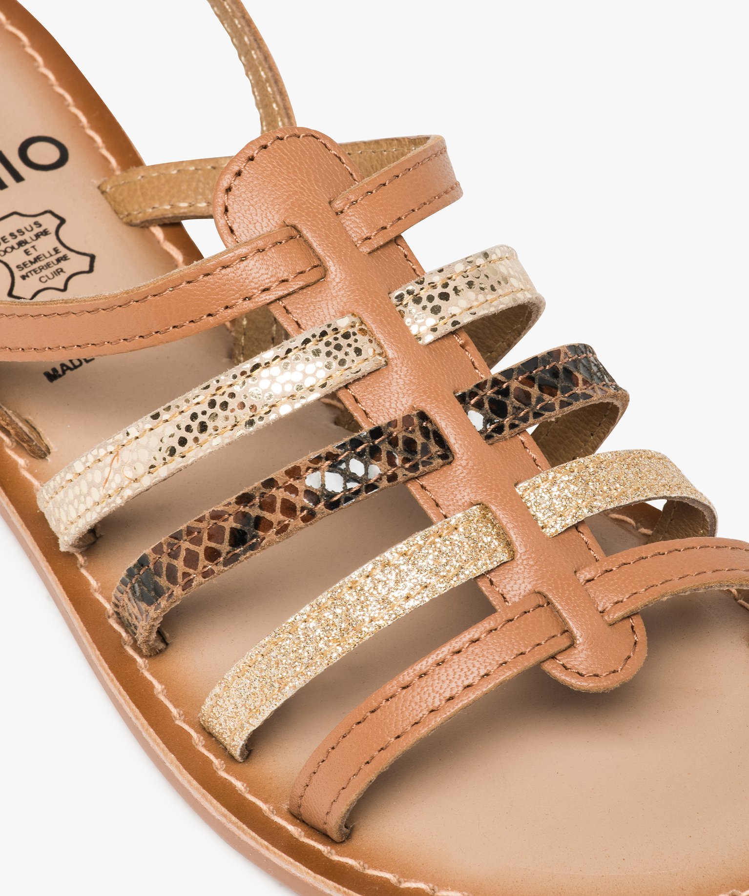 Sandales femme à talon plat et brides multiples en cuir camel | GEMO