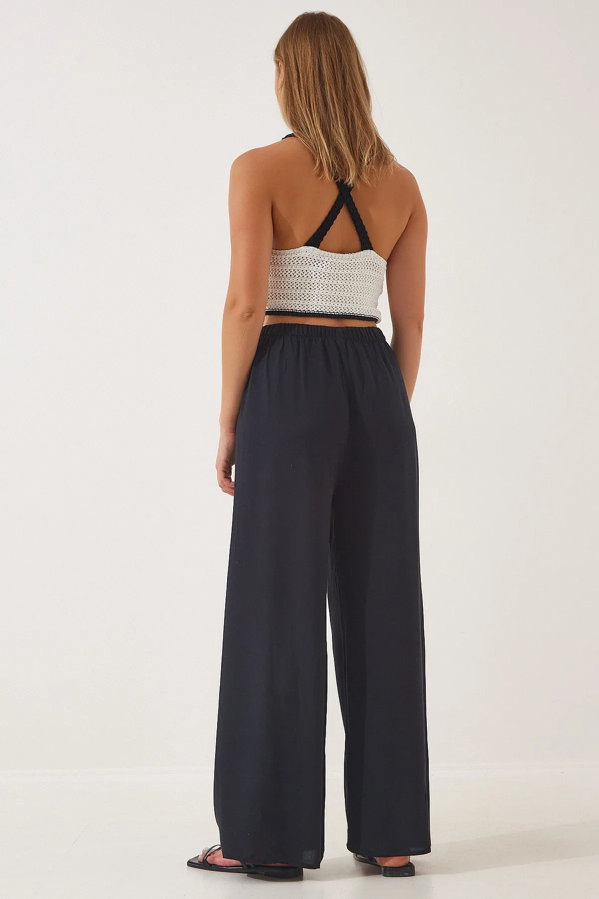 Happiness İstanbul  Schwarze Palazzo-Viskosehose für Damen BH00322