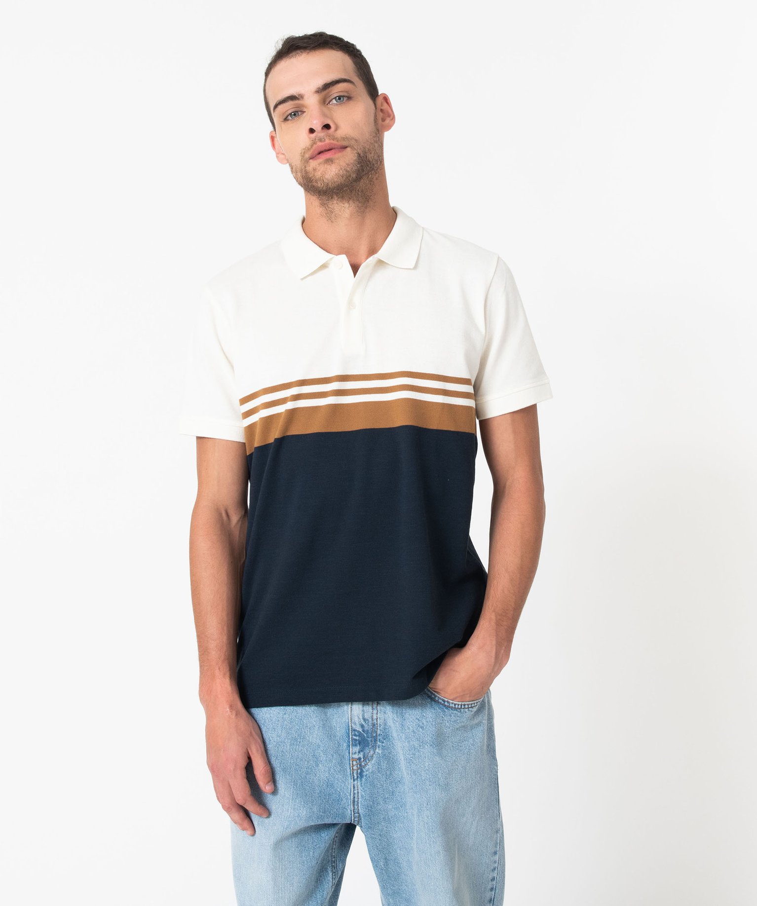 Polo manches courtes en maille piquée à rayures homme blanc | GEMO